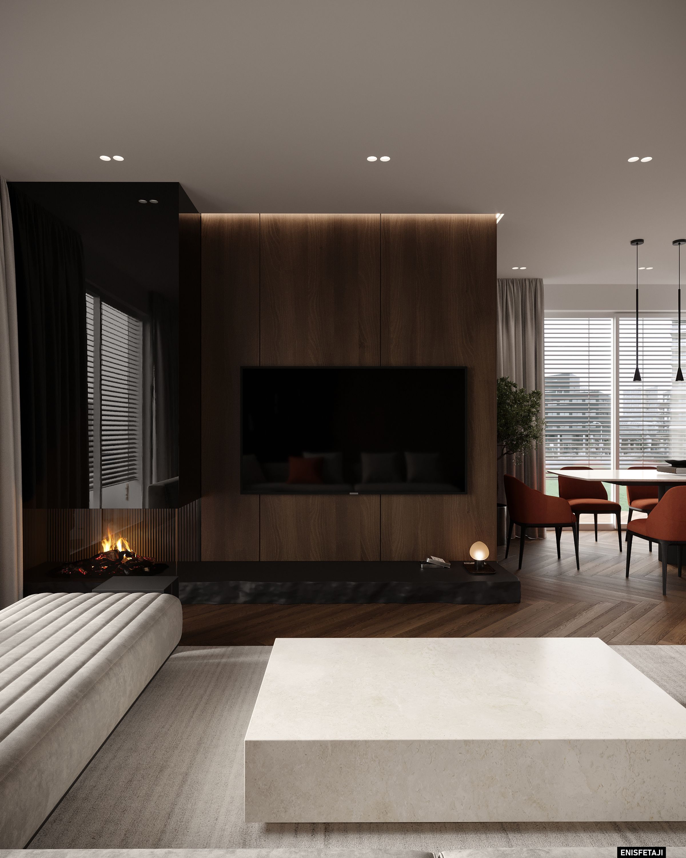TV wall with fireplace and stone coffee table, M24 house in Gostivar