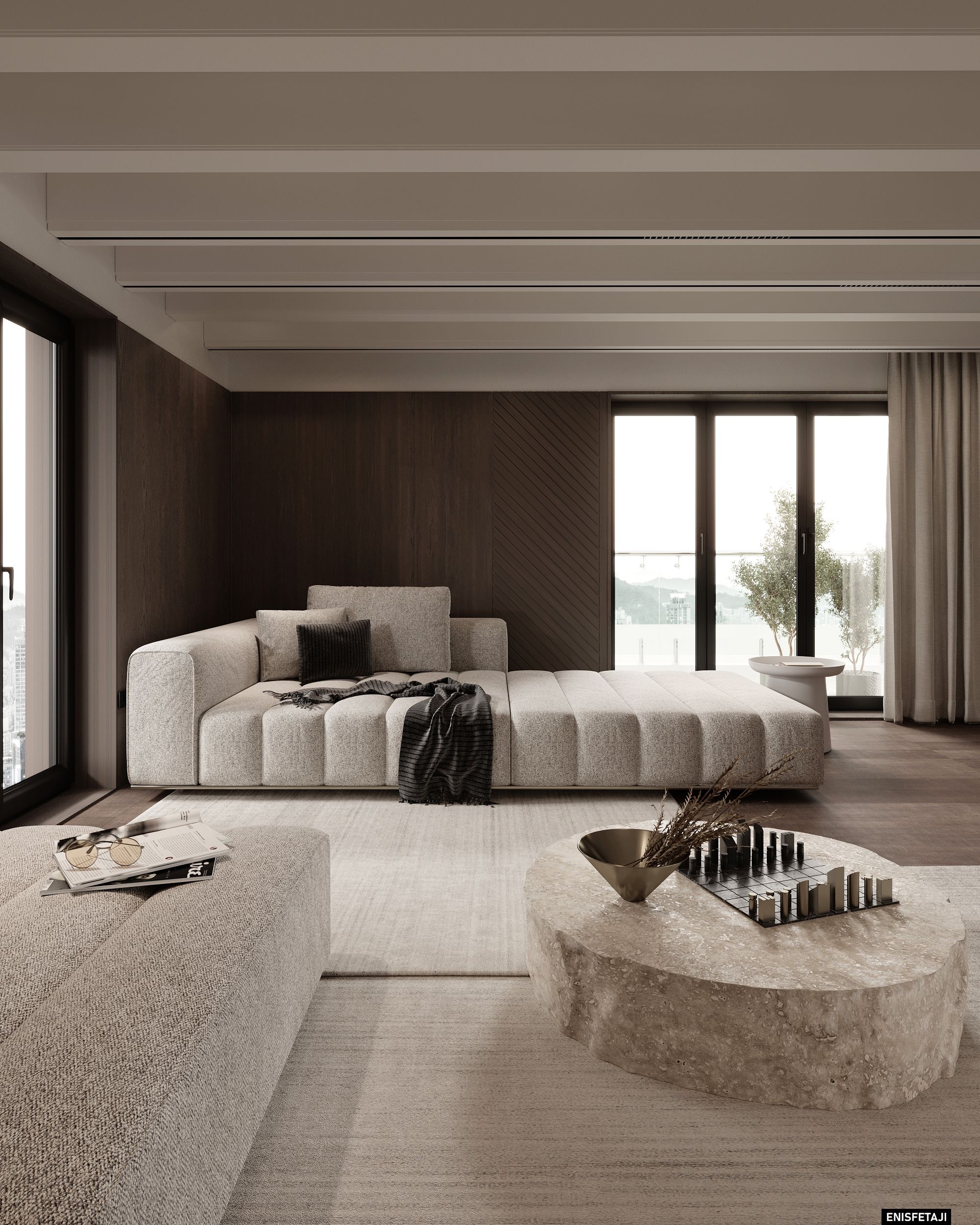 Beige living room with wood wall and exposed ceiling beams, house in Aadorf, Switzerland