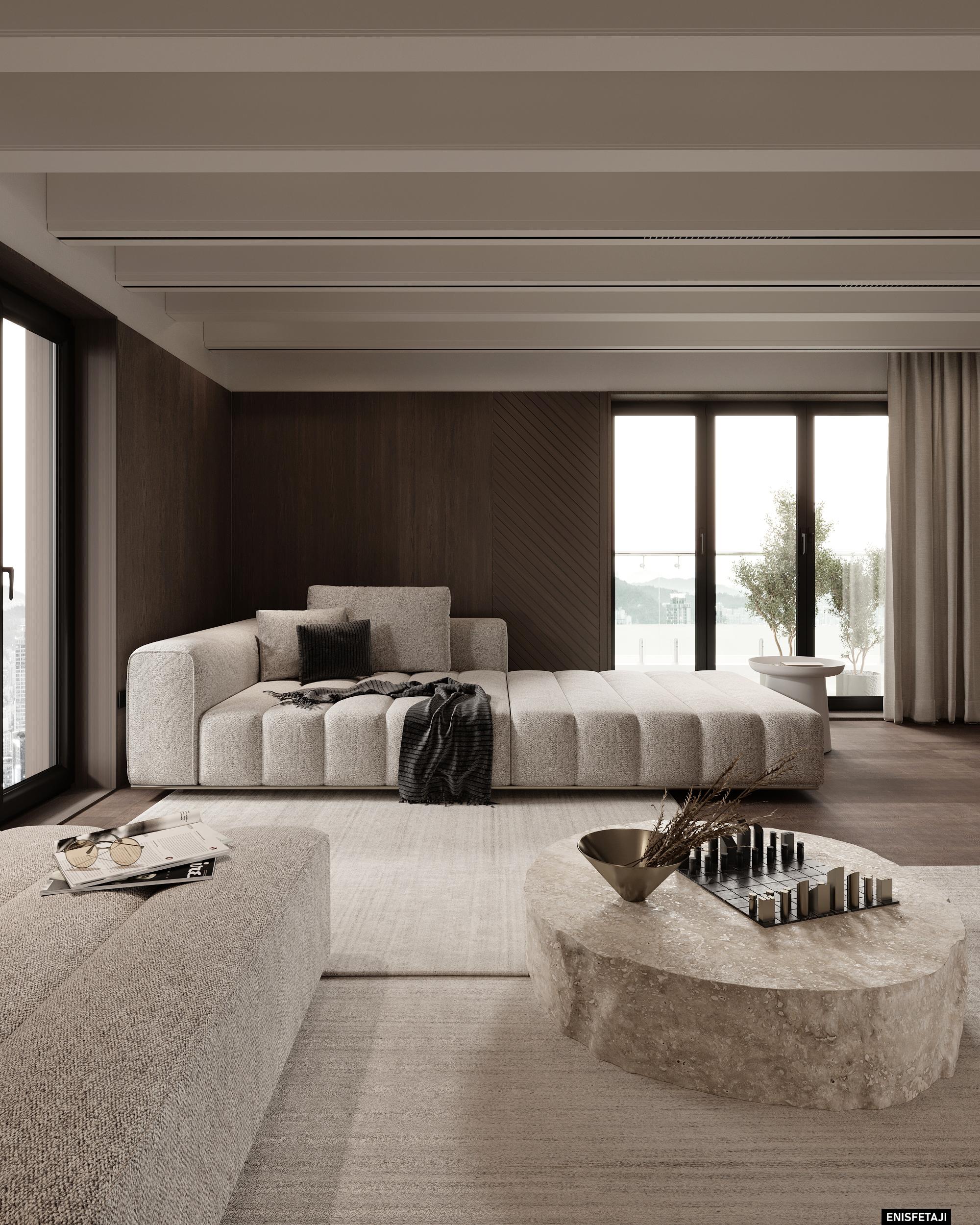 Living room with beige modular sofa and stone coffee table, house in Aadorf, Switzerland