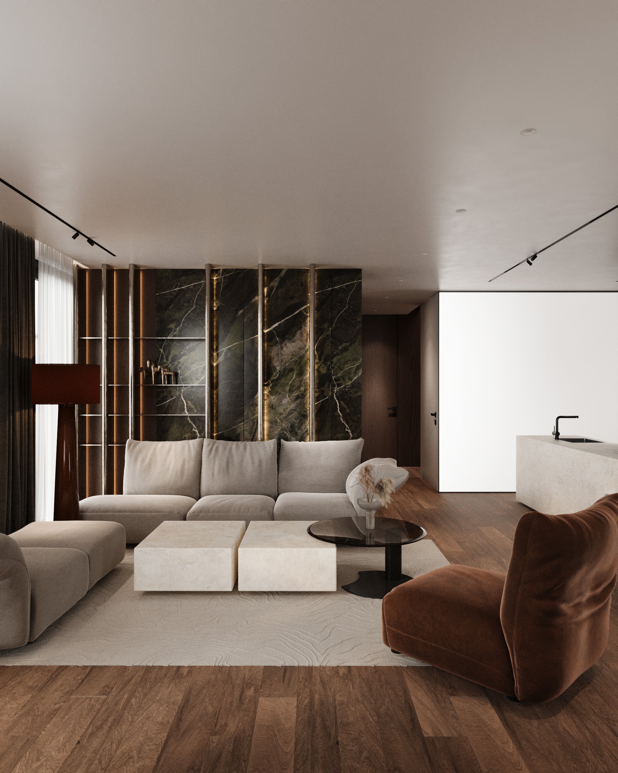 Living room with green marble wall and brown velvet chair, Shega19 house in Tetovo