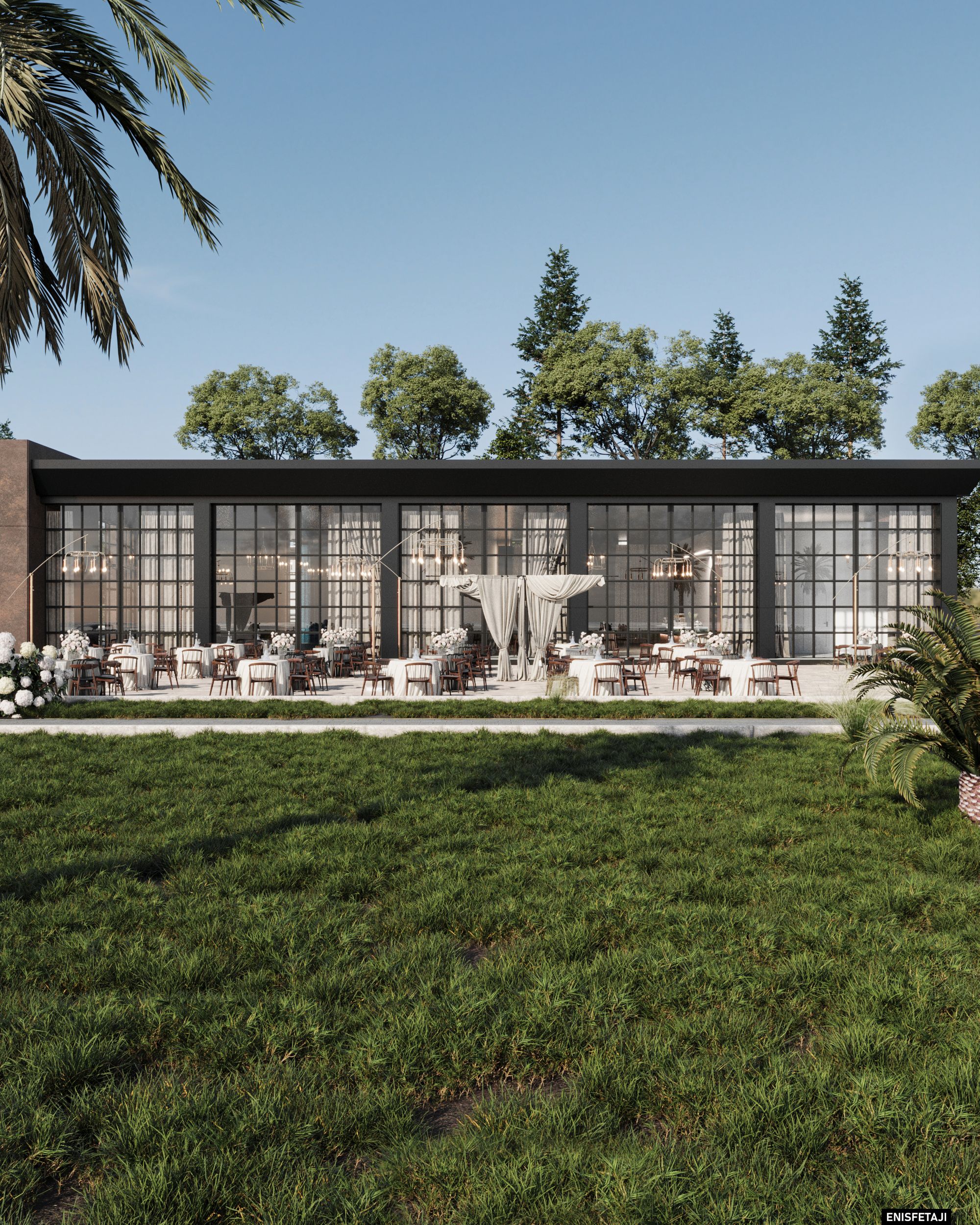 Lawn and glass facade of a lakeside restaurant in Struga