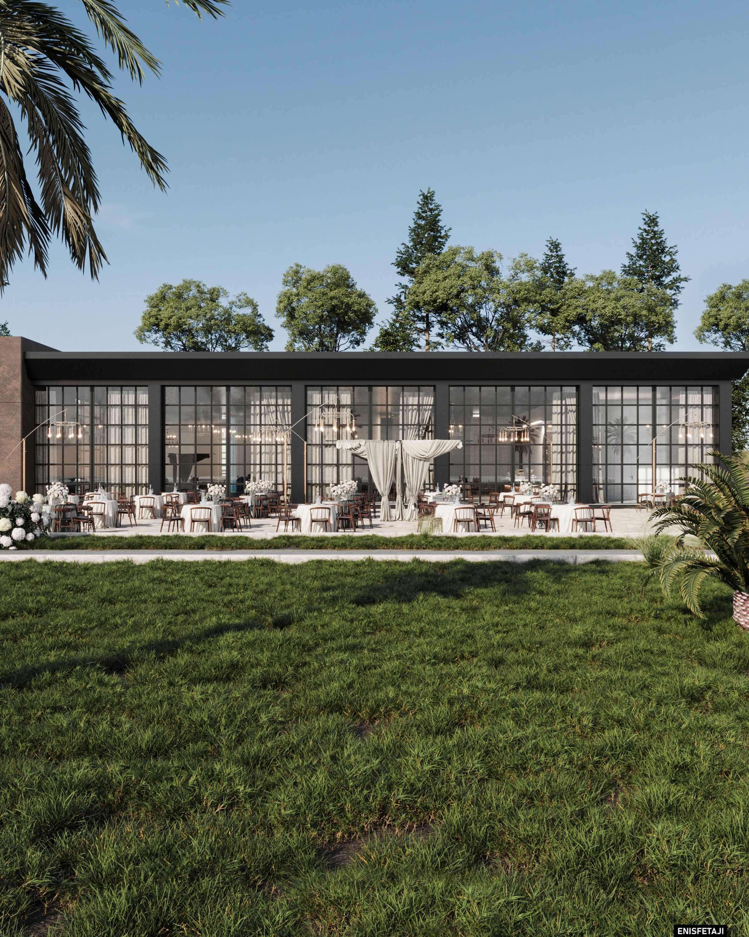 Lawn and glass facade of a lakeside restaurant in Struga