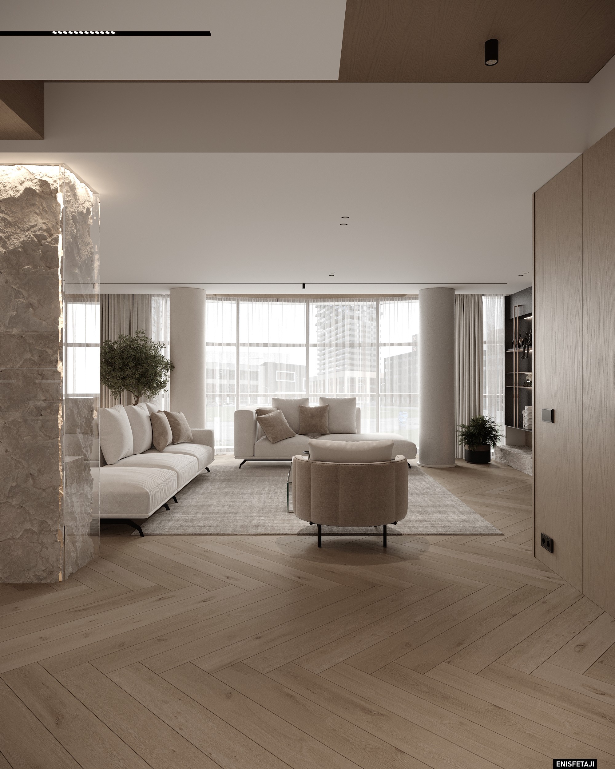 Open living area with stone column and herringbone floor, apartment GV22 in Gostivar