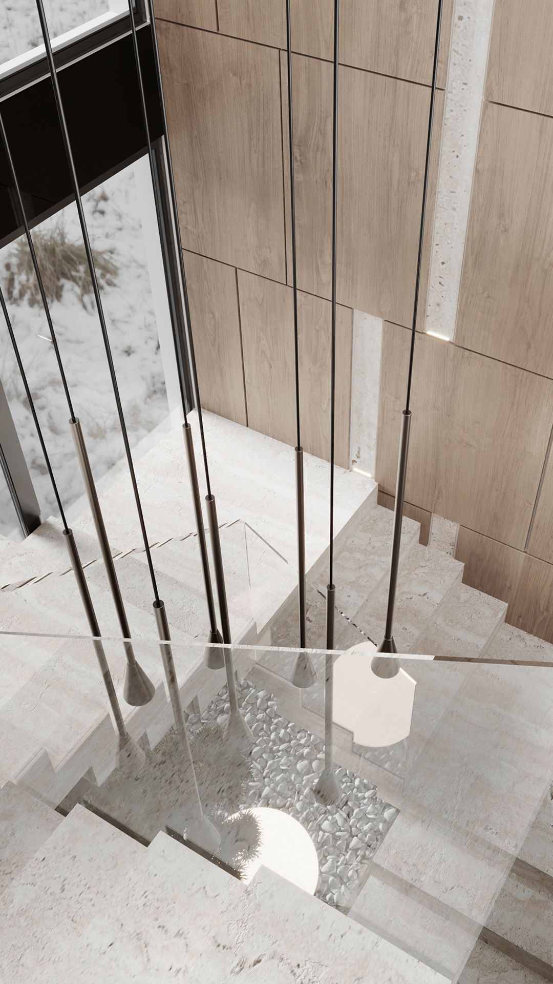 Finished travertine staircase seen from above with pendant lights, Travertine House in Tetovo