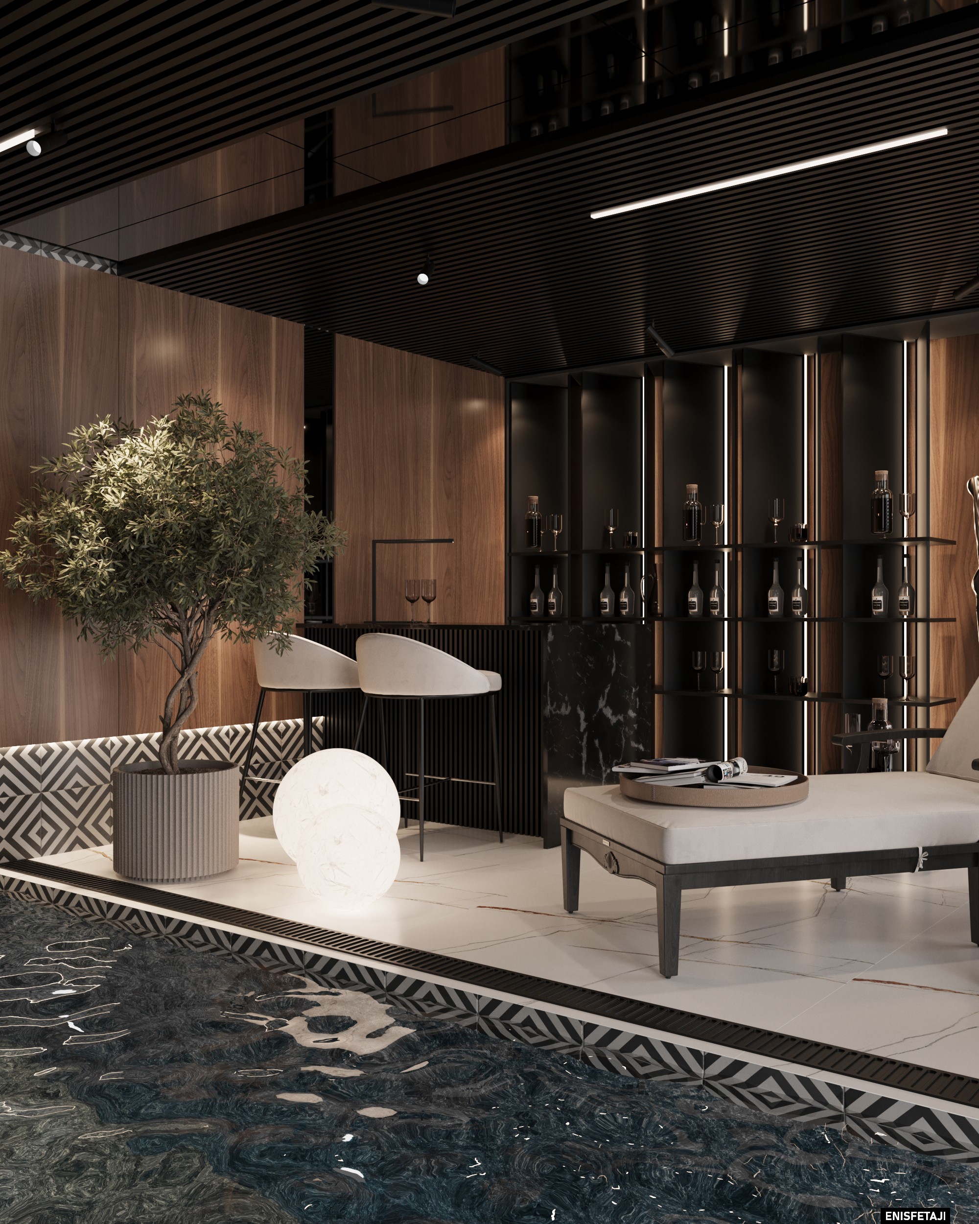 Spa area with bar, lounger and indoor pool, residence in Goldach, Switzerland