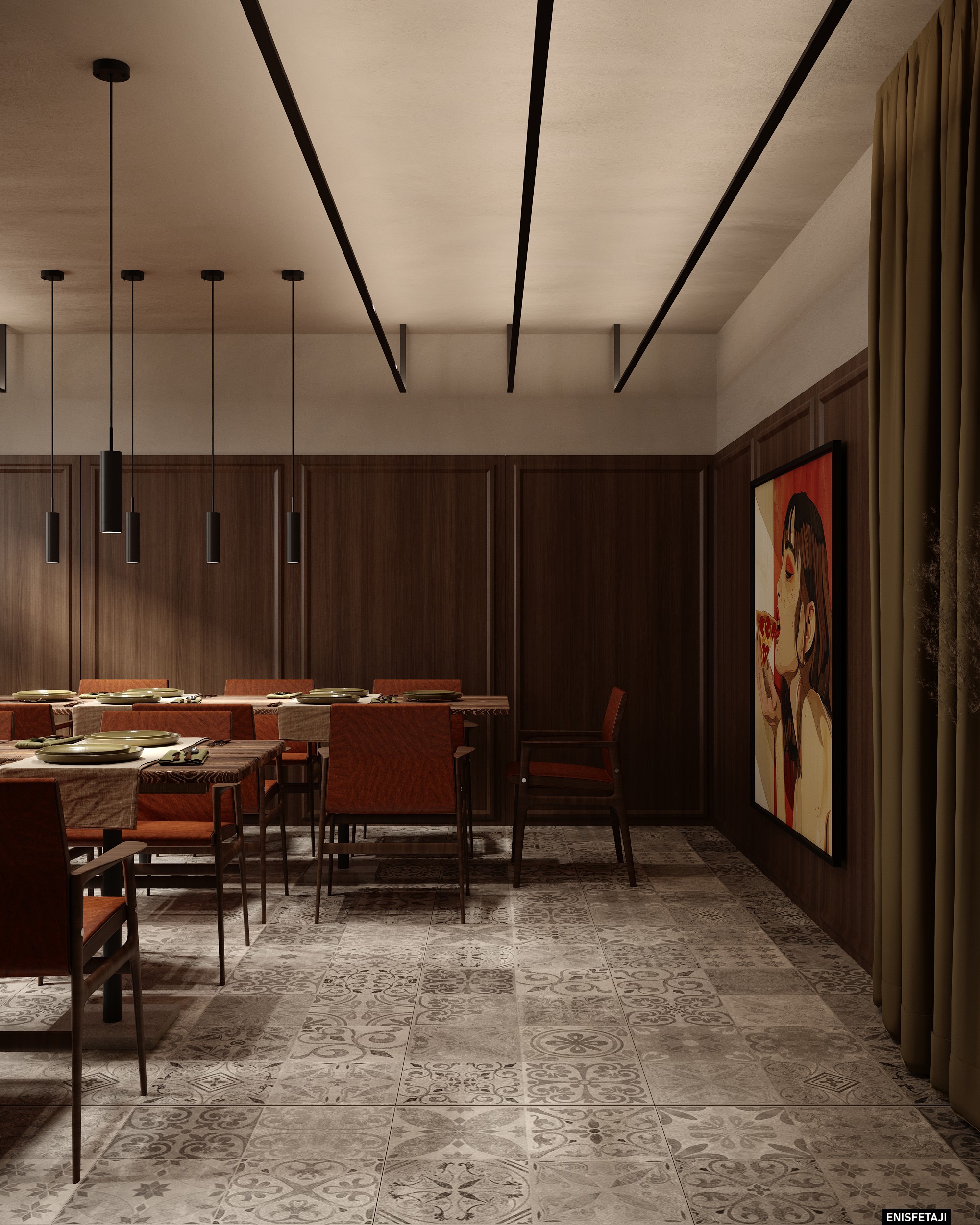 Private dining room with wood panelling and artwork, pizzeria in Dornbirn, Austria