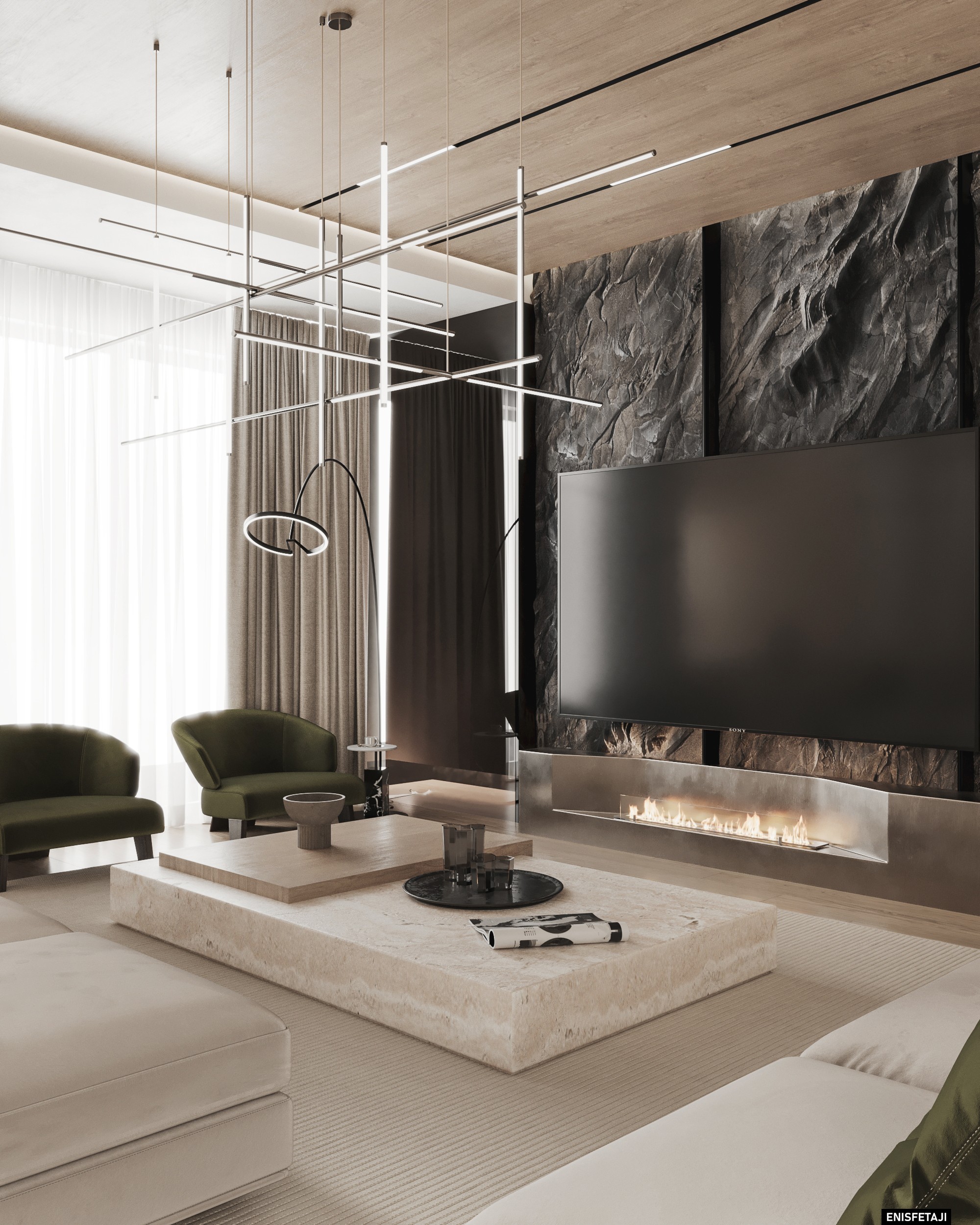 Living room with textured stone wall, TV and linear fireplace, Travertine House in Tetovo