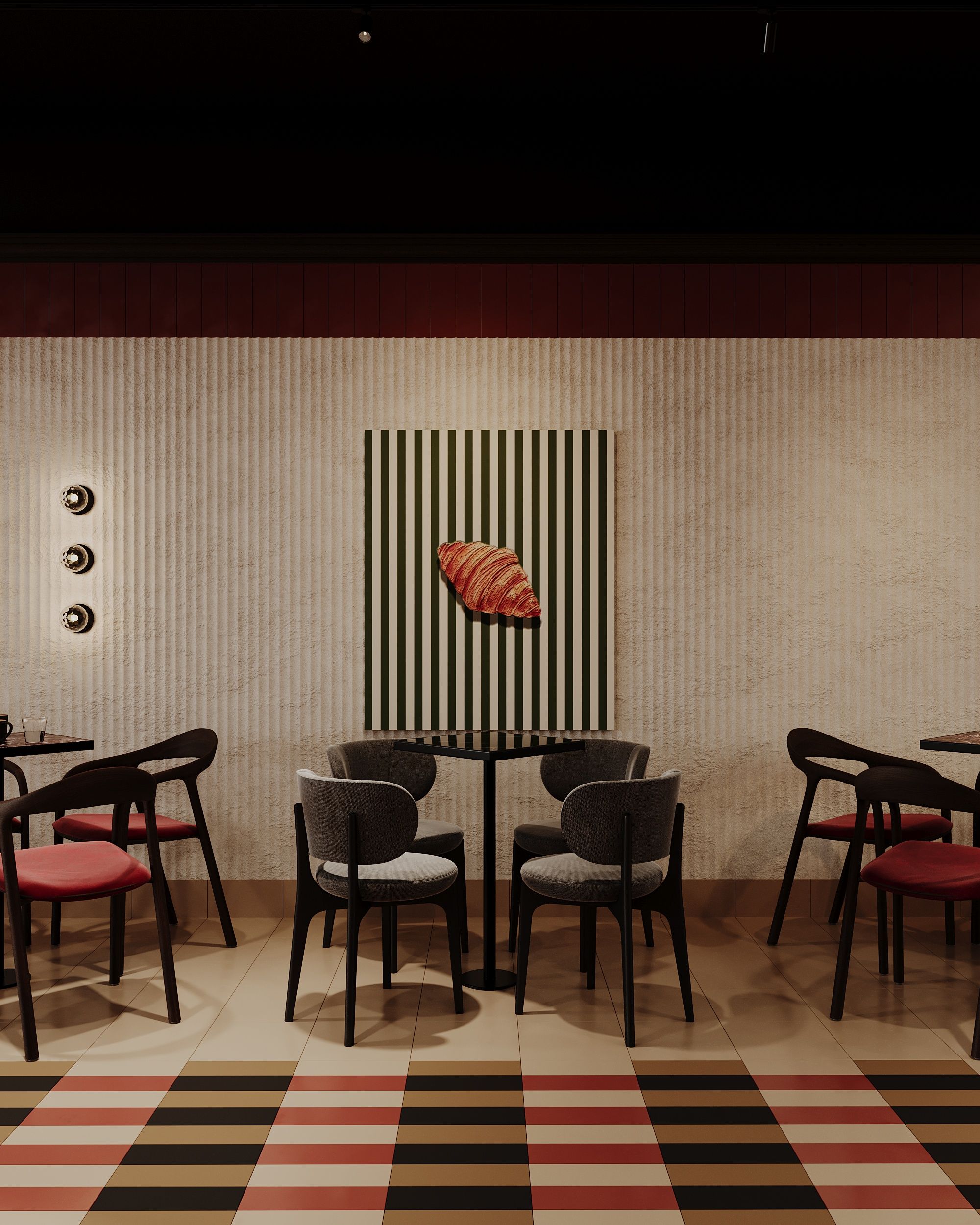 Seating area with dark chairs and striped wall art, Garden Sweetshop in Gostivar