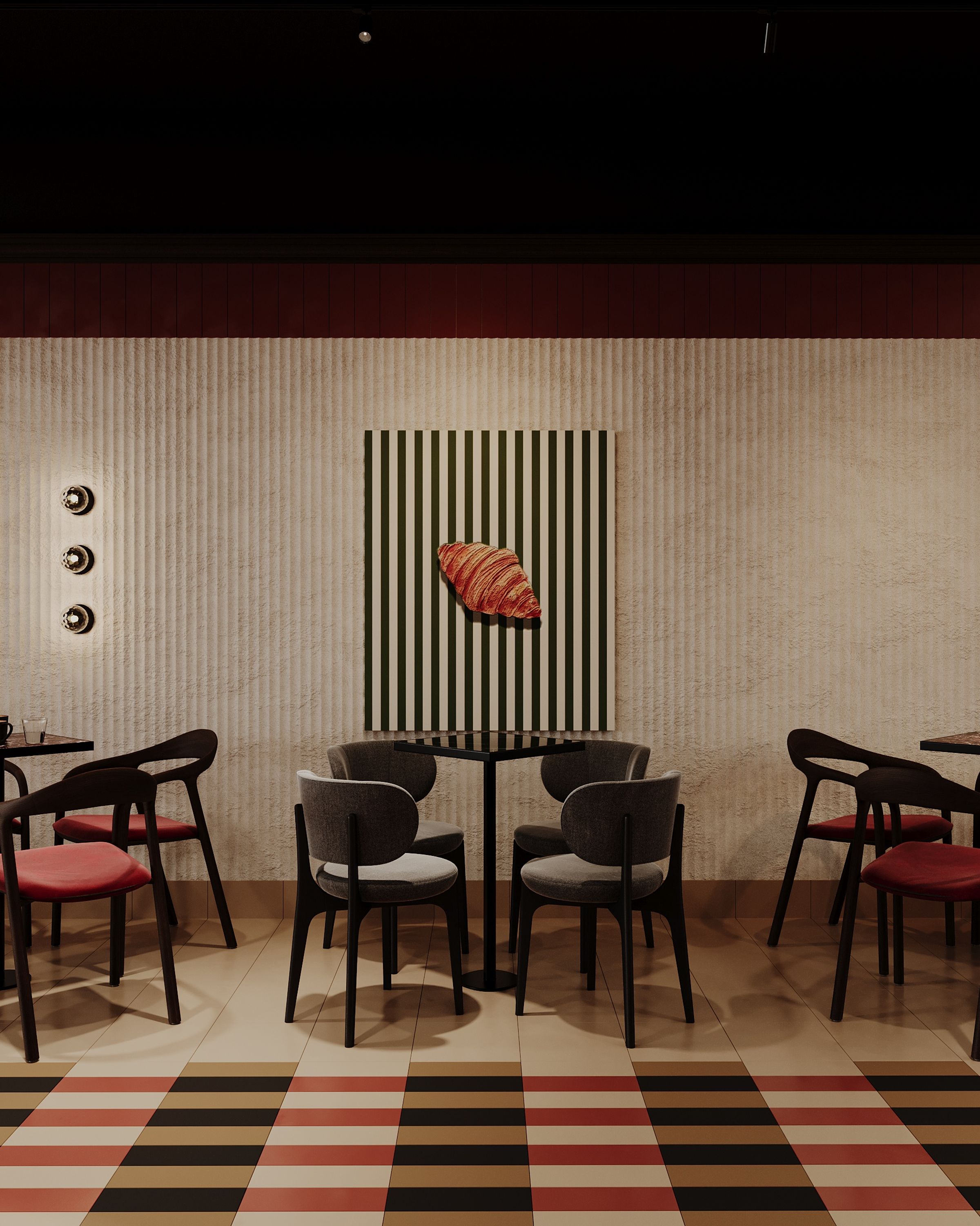 Seating area with dark chairs and striped wall art, Garden Sweetshop in Gostivar