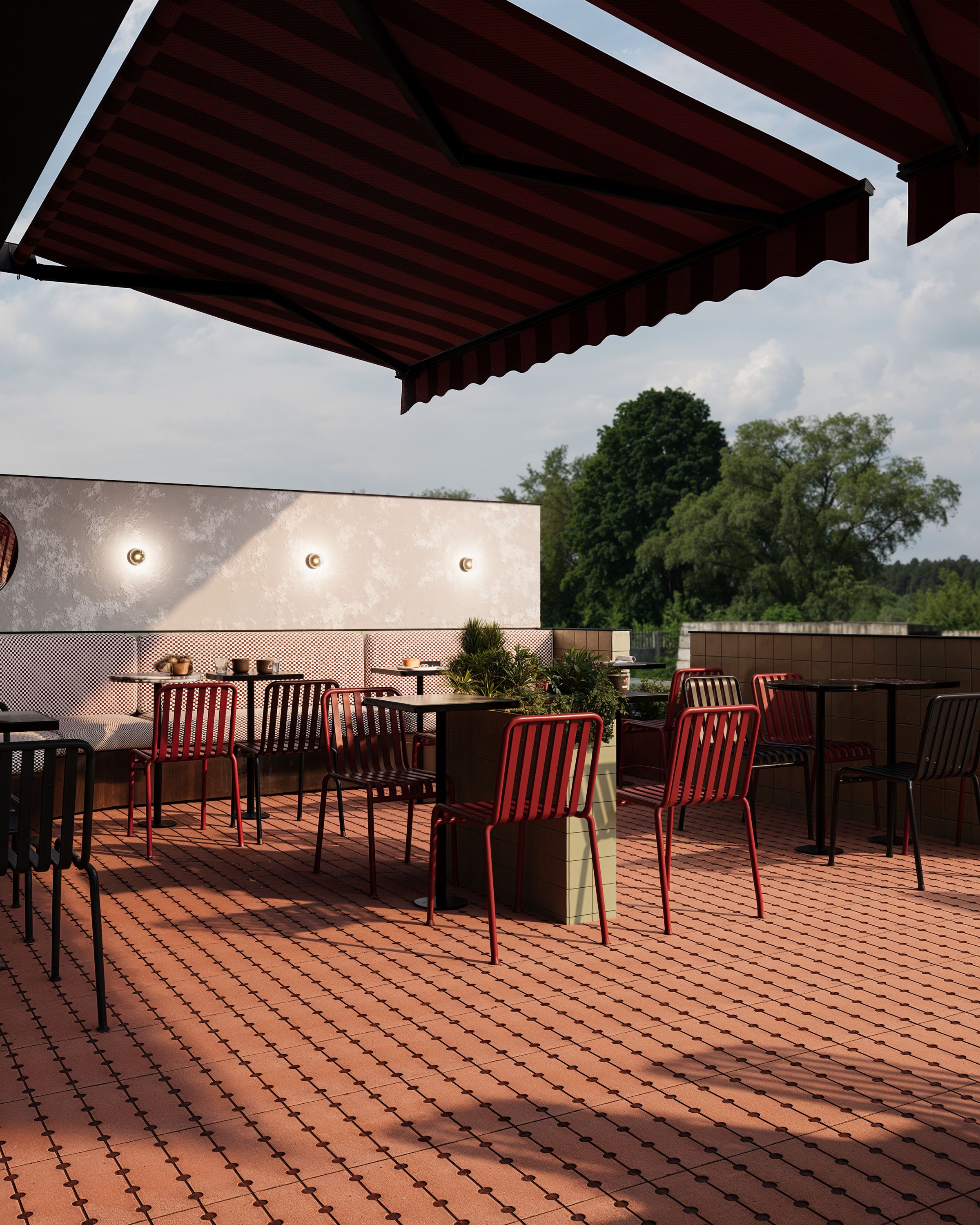Terrace with red chairs under a striped awning, Garden Sweetshop in Gostivar