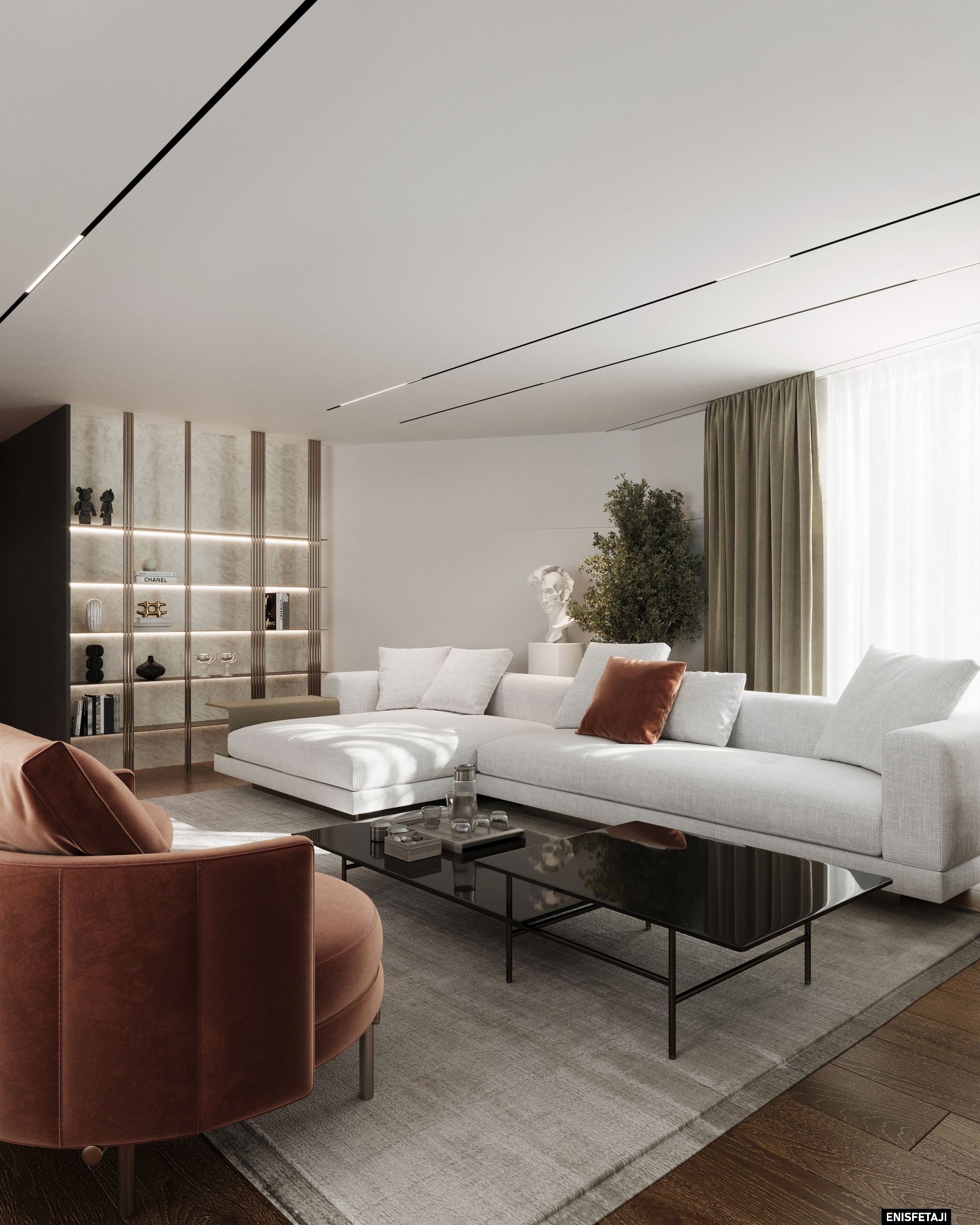 Living room with white corner sofa and glass coffee table, residence in Goldach, Switzerland