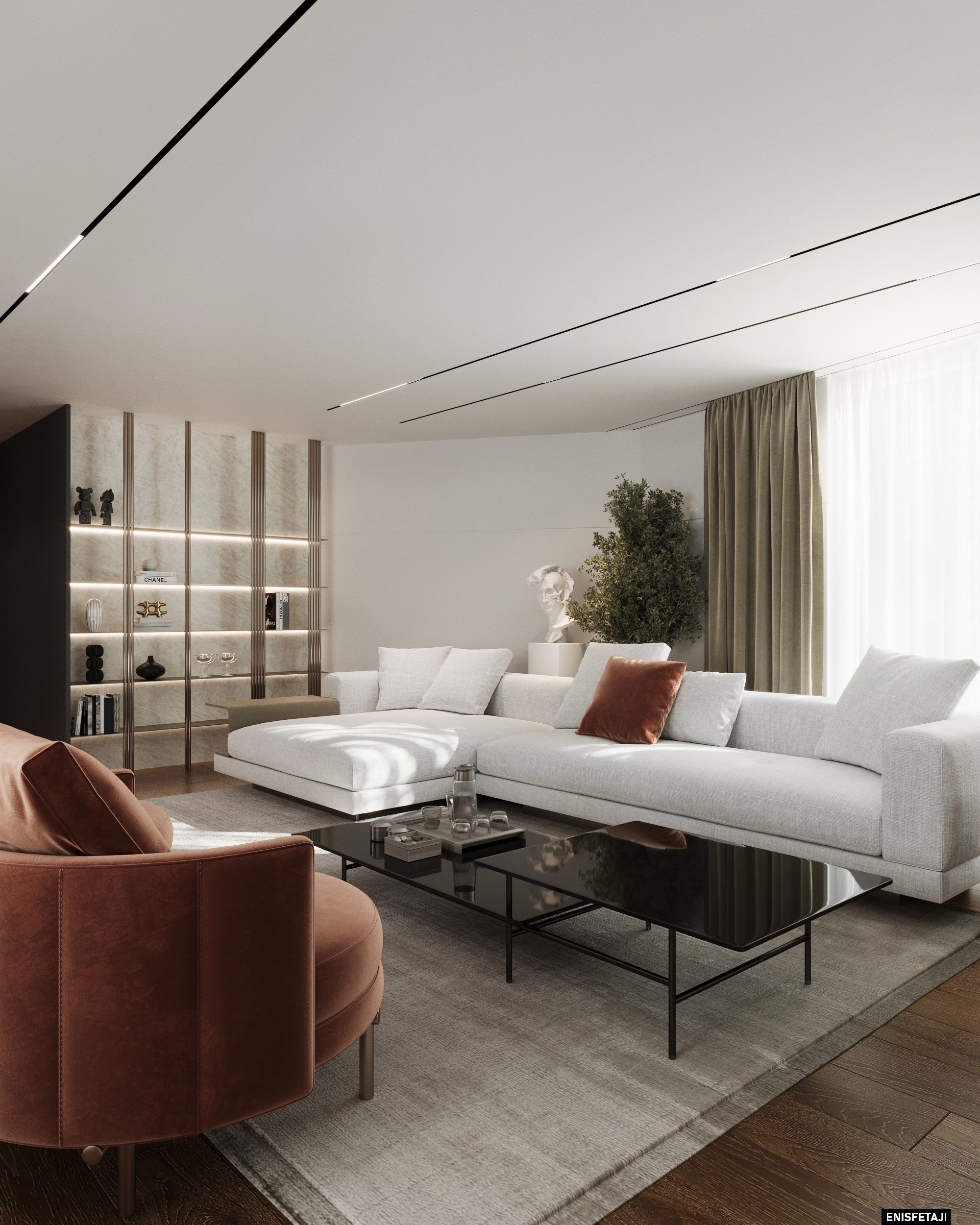 Living room with white corner sofa and glass coffee table, residence in Goldach, Switzerland