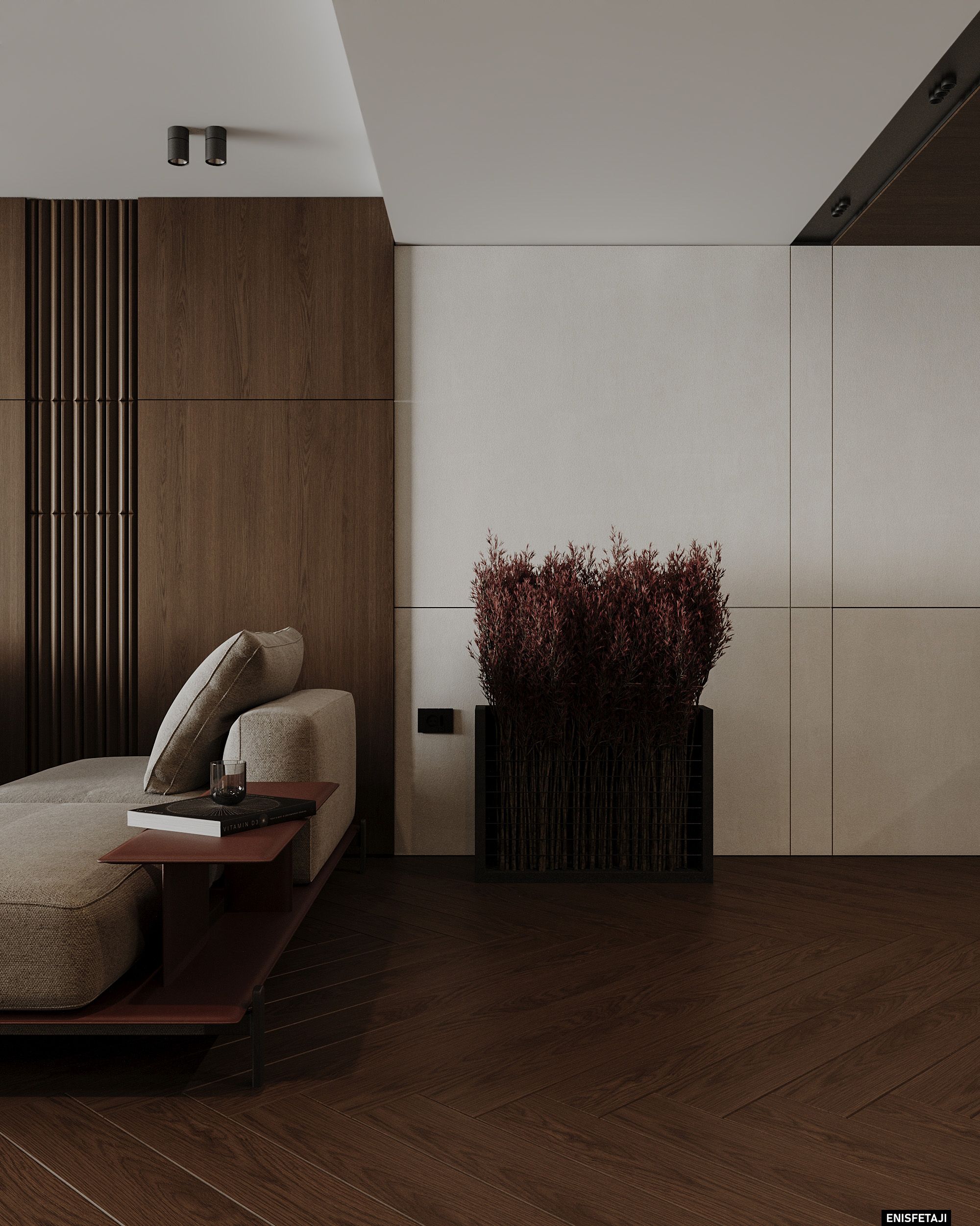 Sofa and dried flower arrangement against wood panelling, residence in Prilep