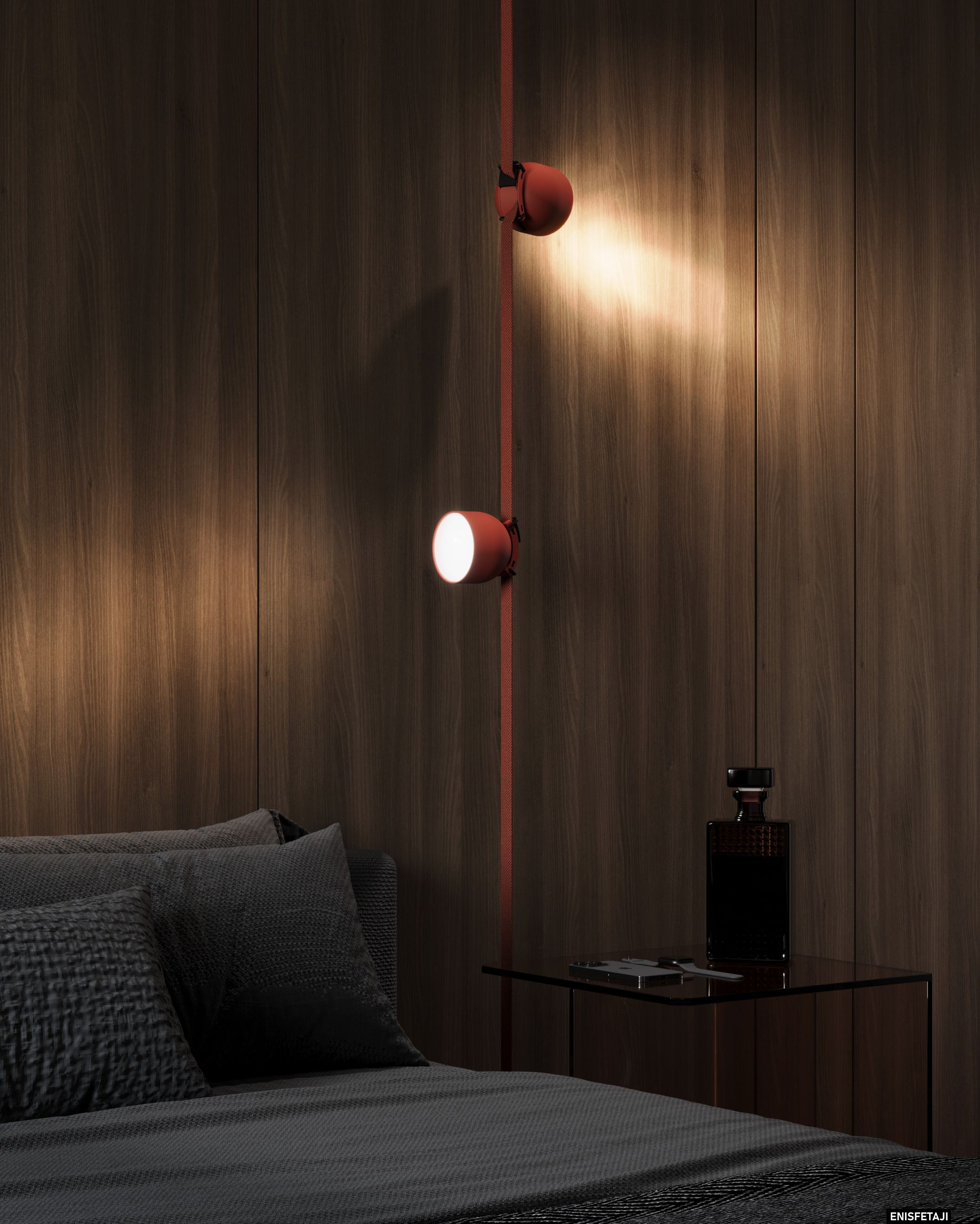 Red wall lamp on a dark wood wall beside the bed, apartment SK65 in Skopje