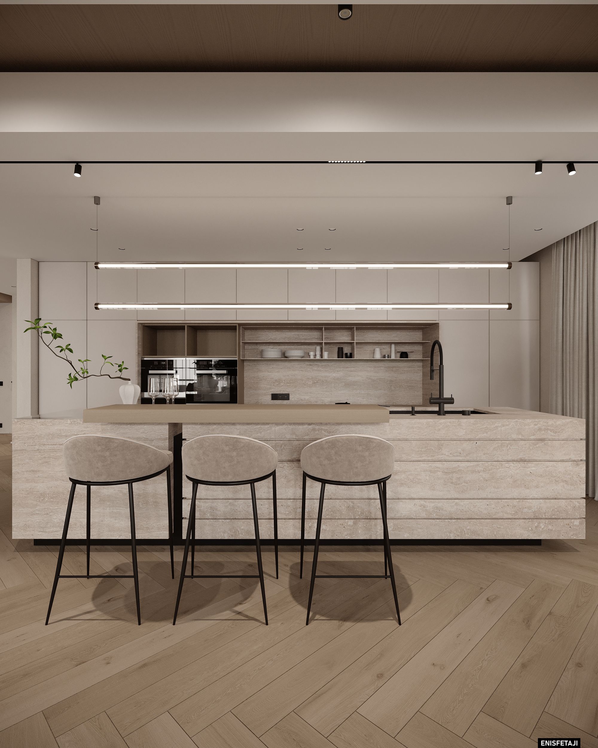 Kitchen with travertine island and beige bar stools, apartment GV22 in Gostivar