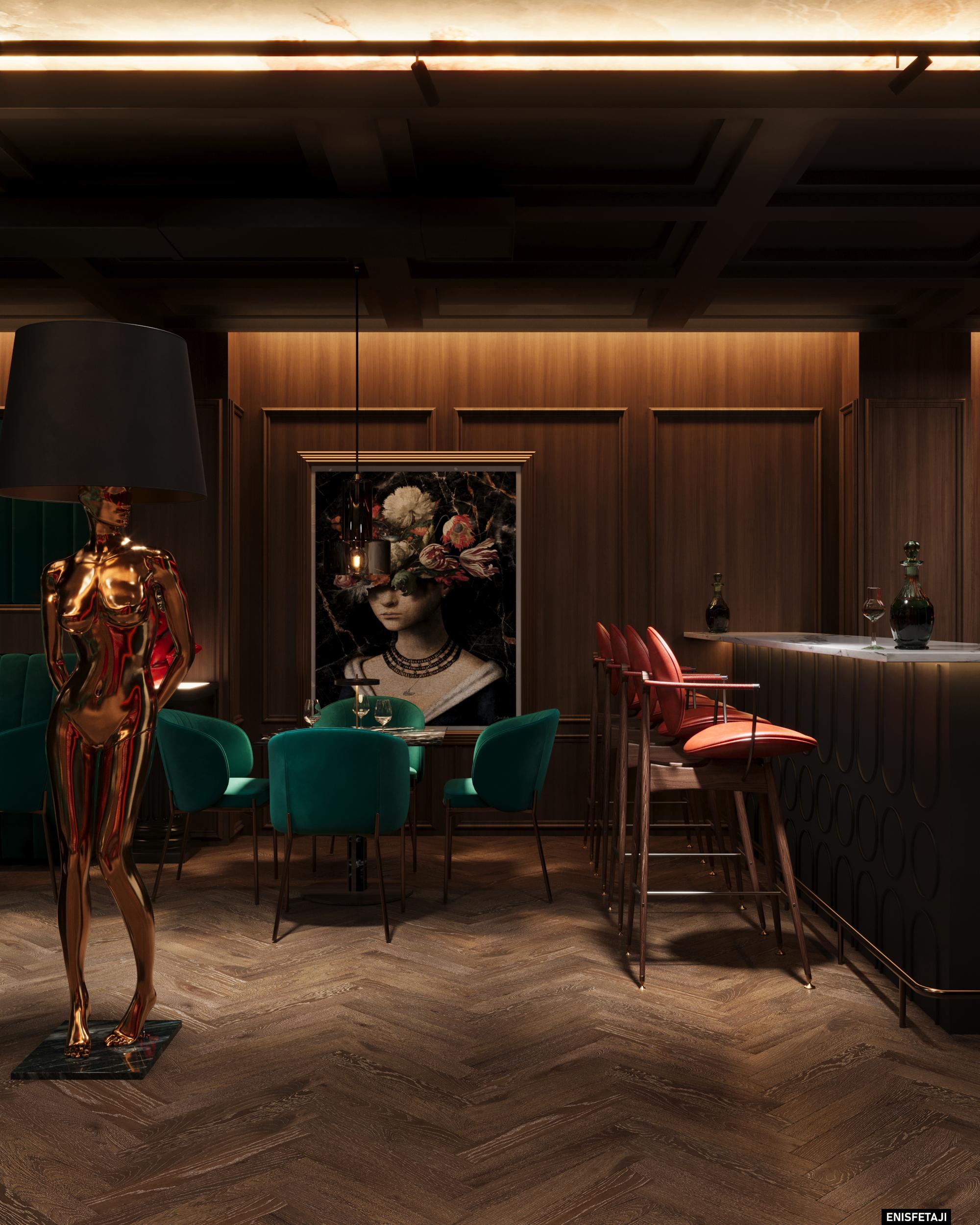 Lounge with teal velvet chairs, bronze statue and dark wood walls, Turquoise Lounge in Gostivar