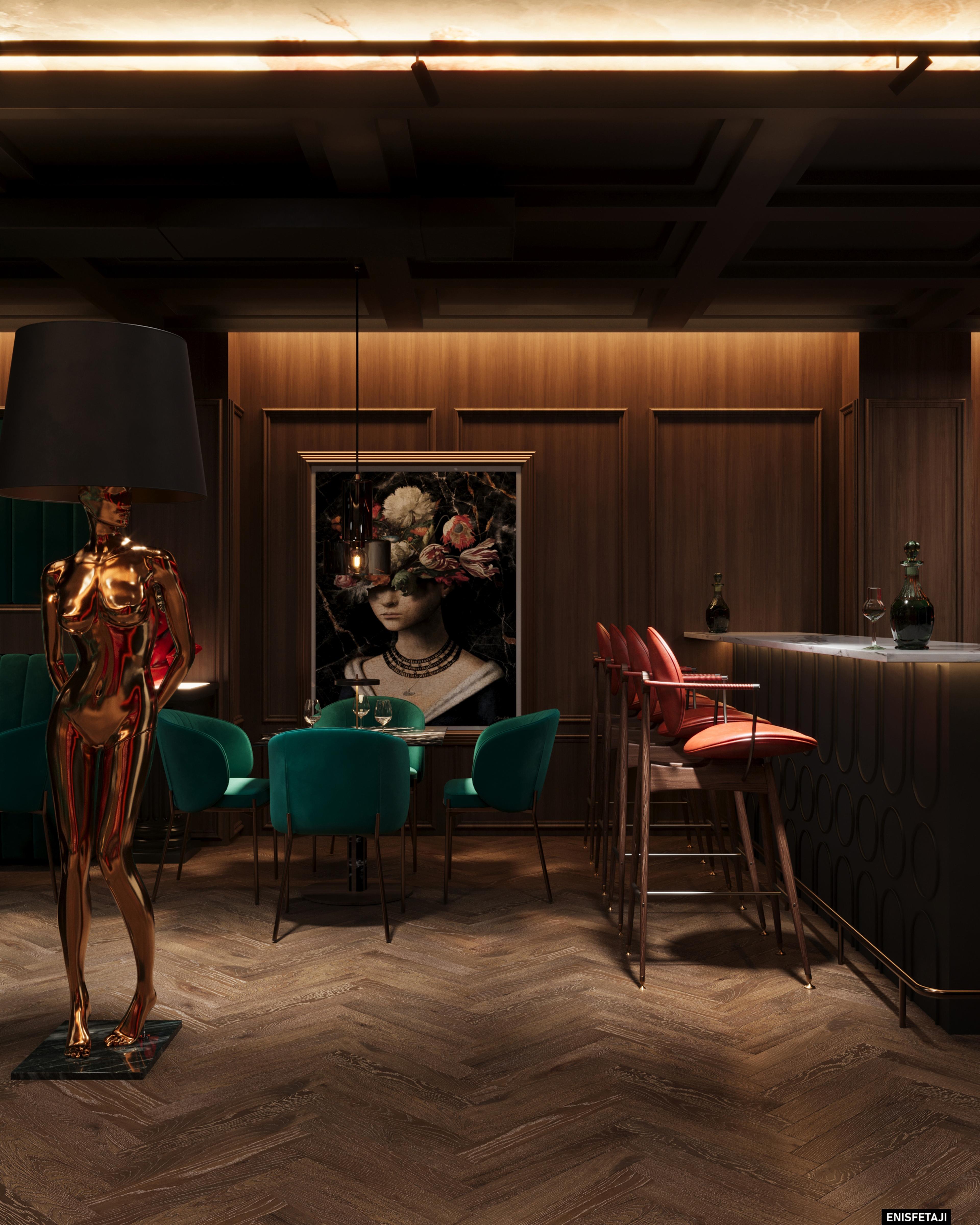 Lounge with teal velvet chairs, bronze statue and dark wood walls, Turquoise Lounge in Gostivar