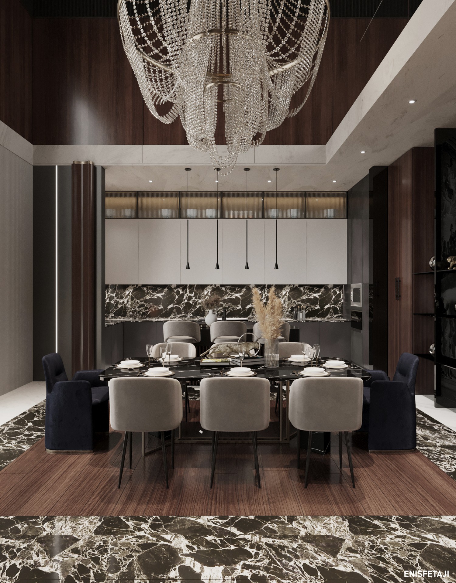 Dining area with marble floor, beige chairs and the kitchen behind, luxury residence in Belgrade