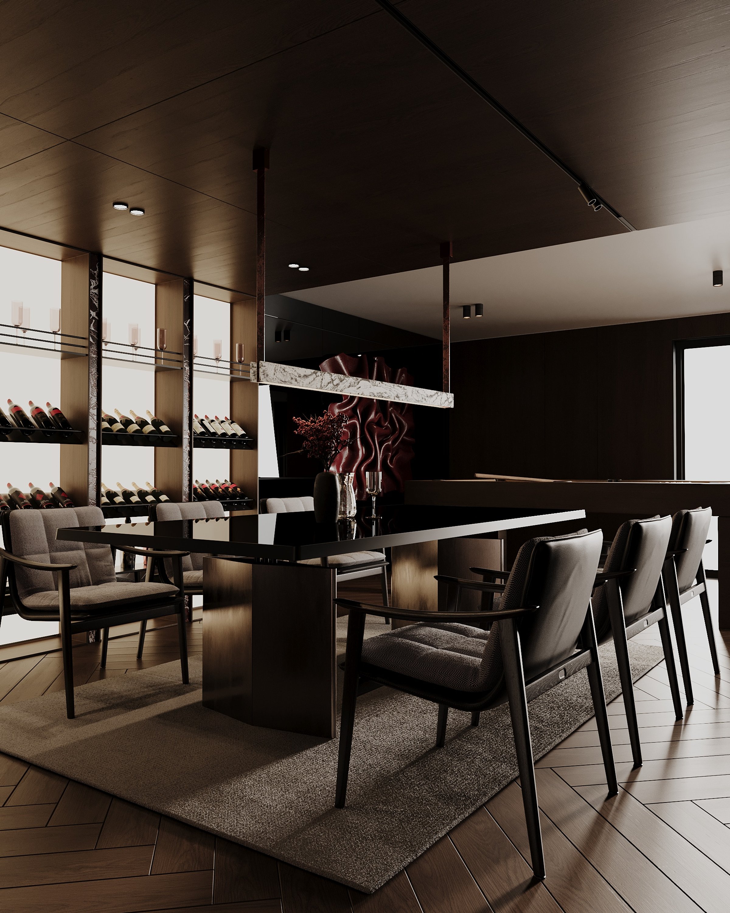 Dining area with leather chairs and wine display, residence in Prilep