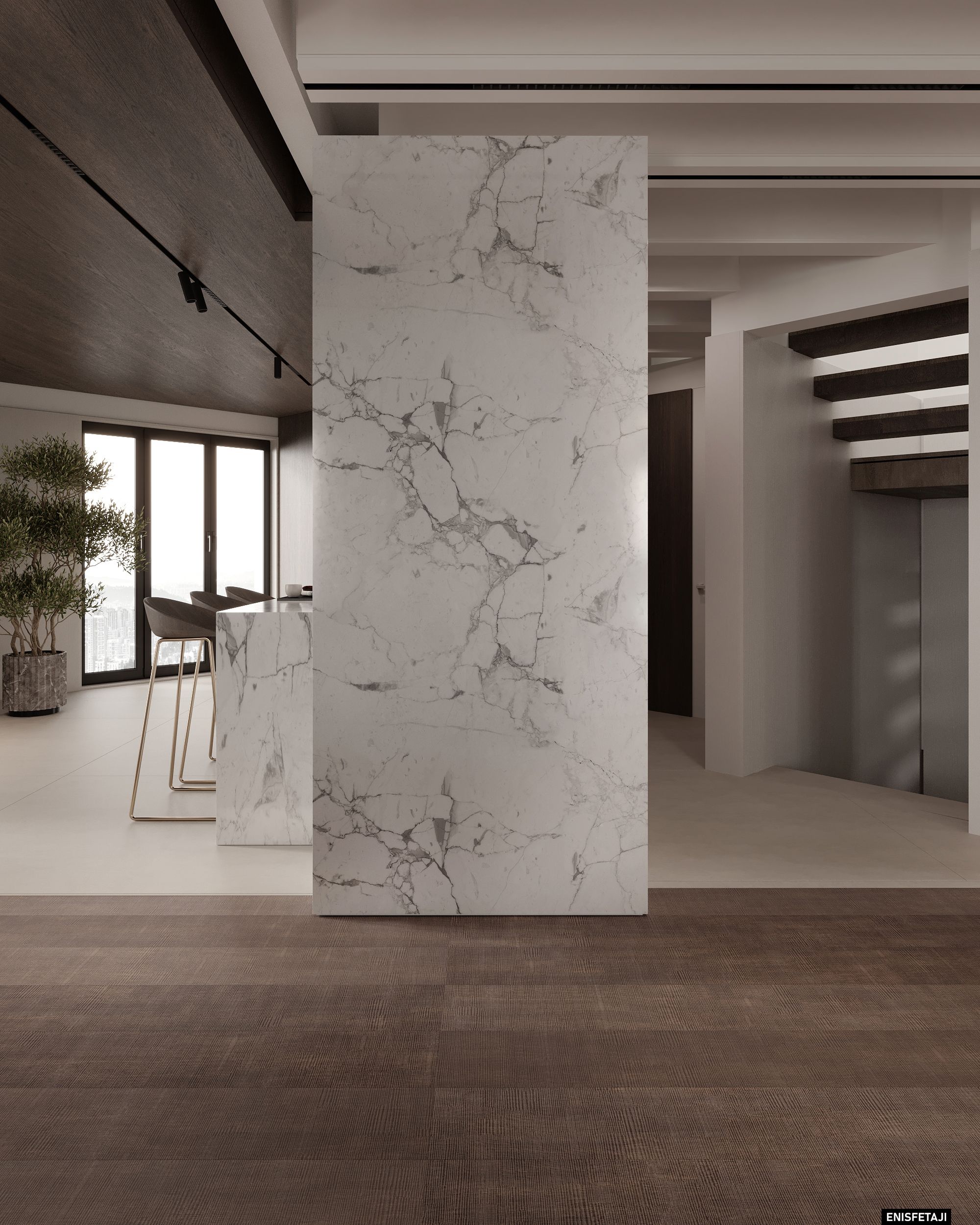 Marble-clad column next to the kitchen and stairs, house in Aadorf, Switzerland