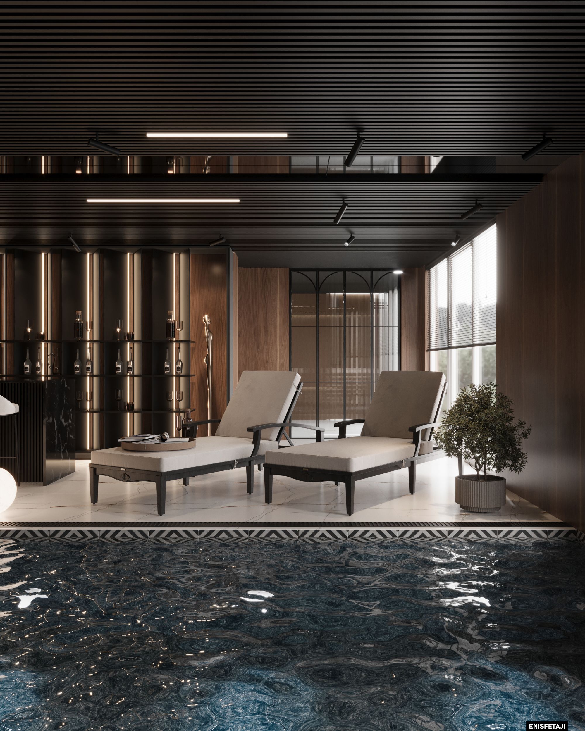 Indoor pool with loungers and dark wood walls, spa of a residence in Goldach, Switzerland