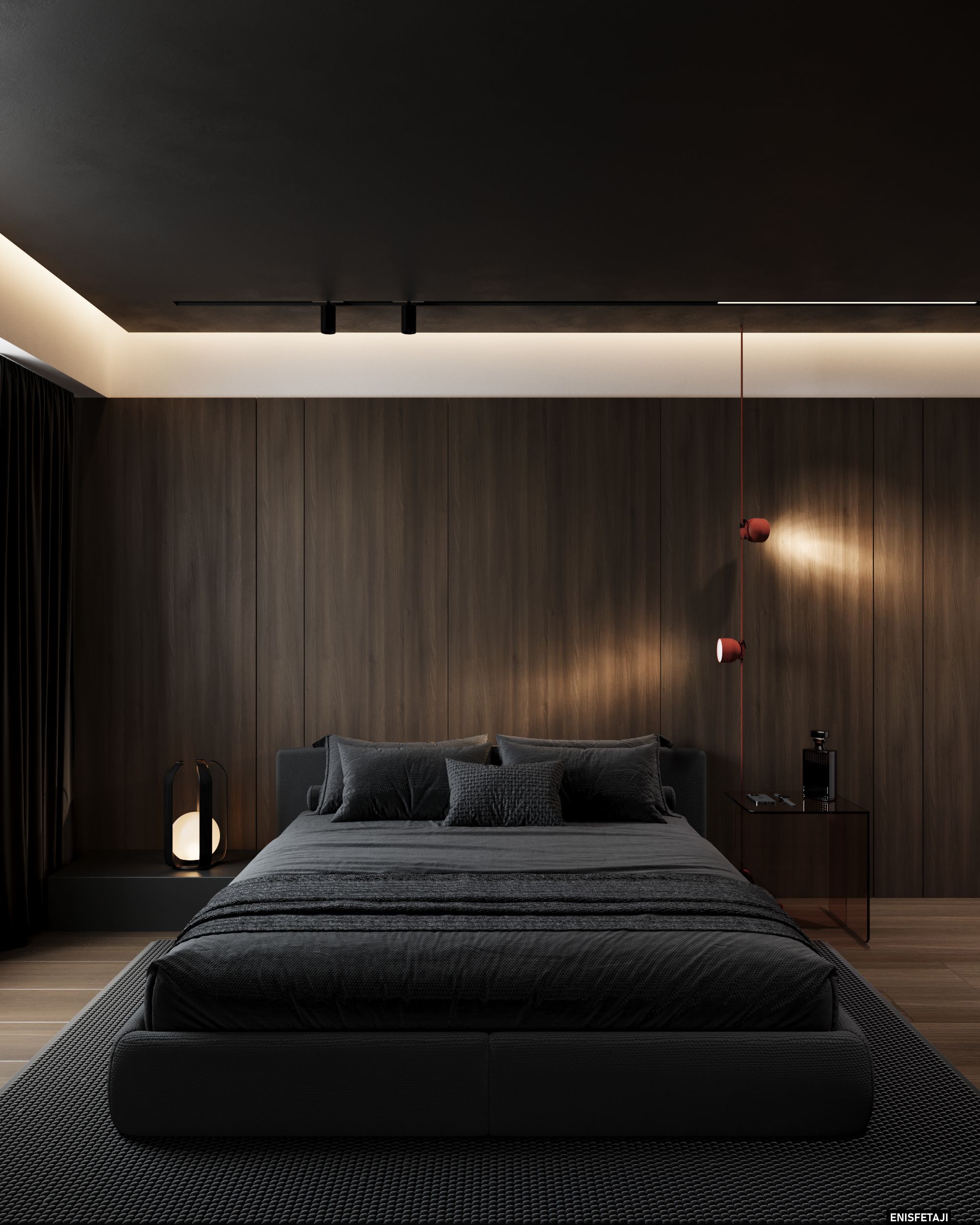 Dark bedroom with black bed, wood wall and red wall lamp, apartment SK65 in Skopje