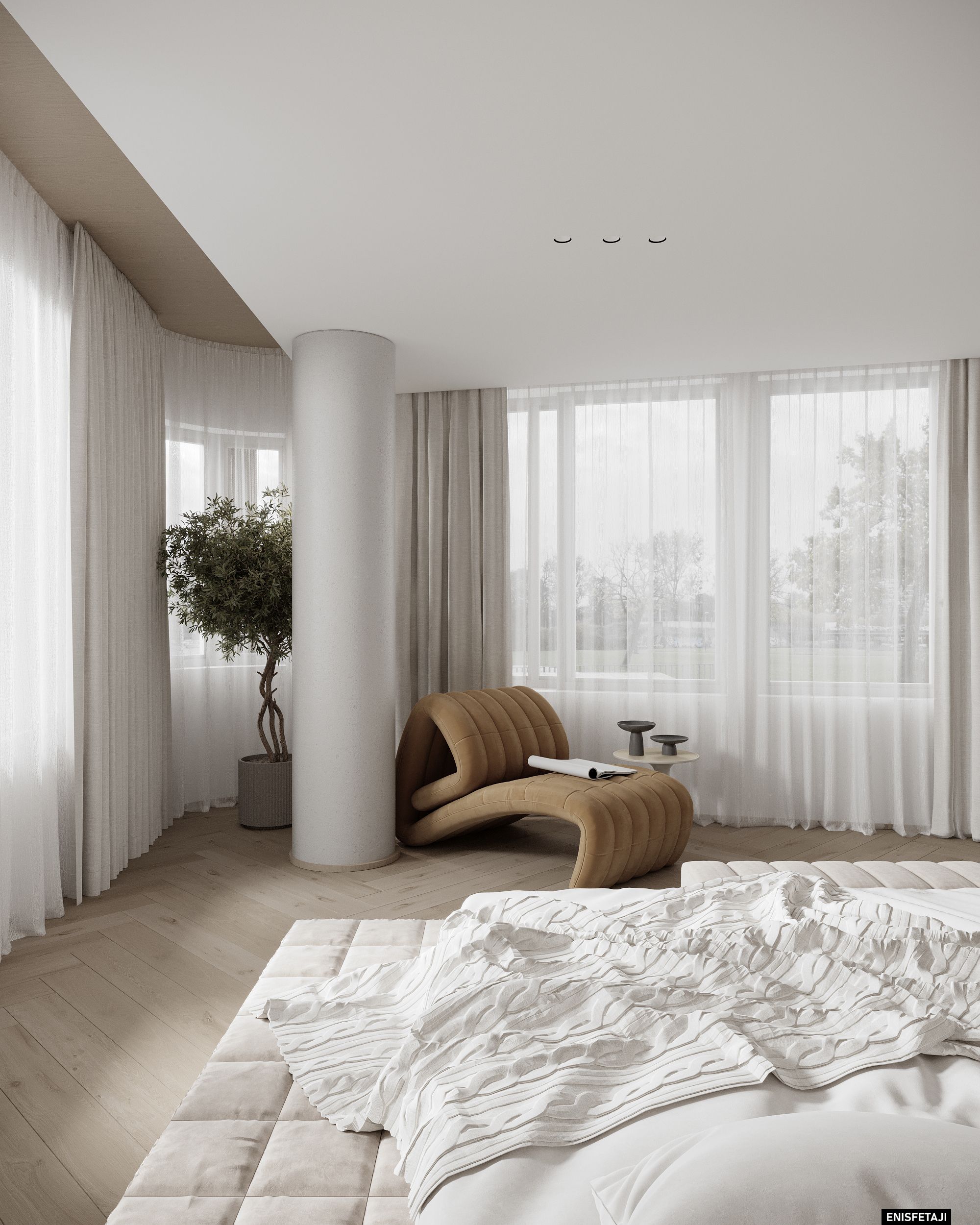 Master bedroom with sculptural lounge chair and sheer curtains, apartment GV22 in Gostivar