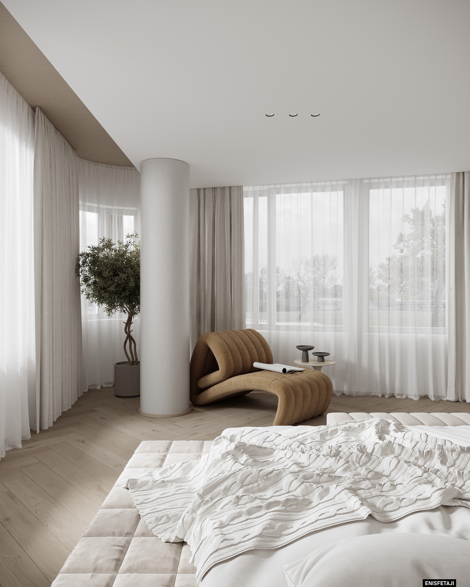 Master bedroom with sculptural lounge chair and sheer curtains, apartment GV22 in Gostivar