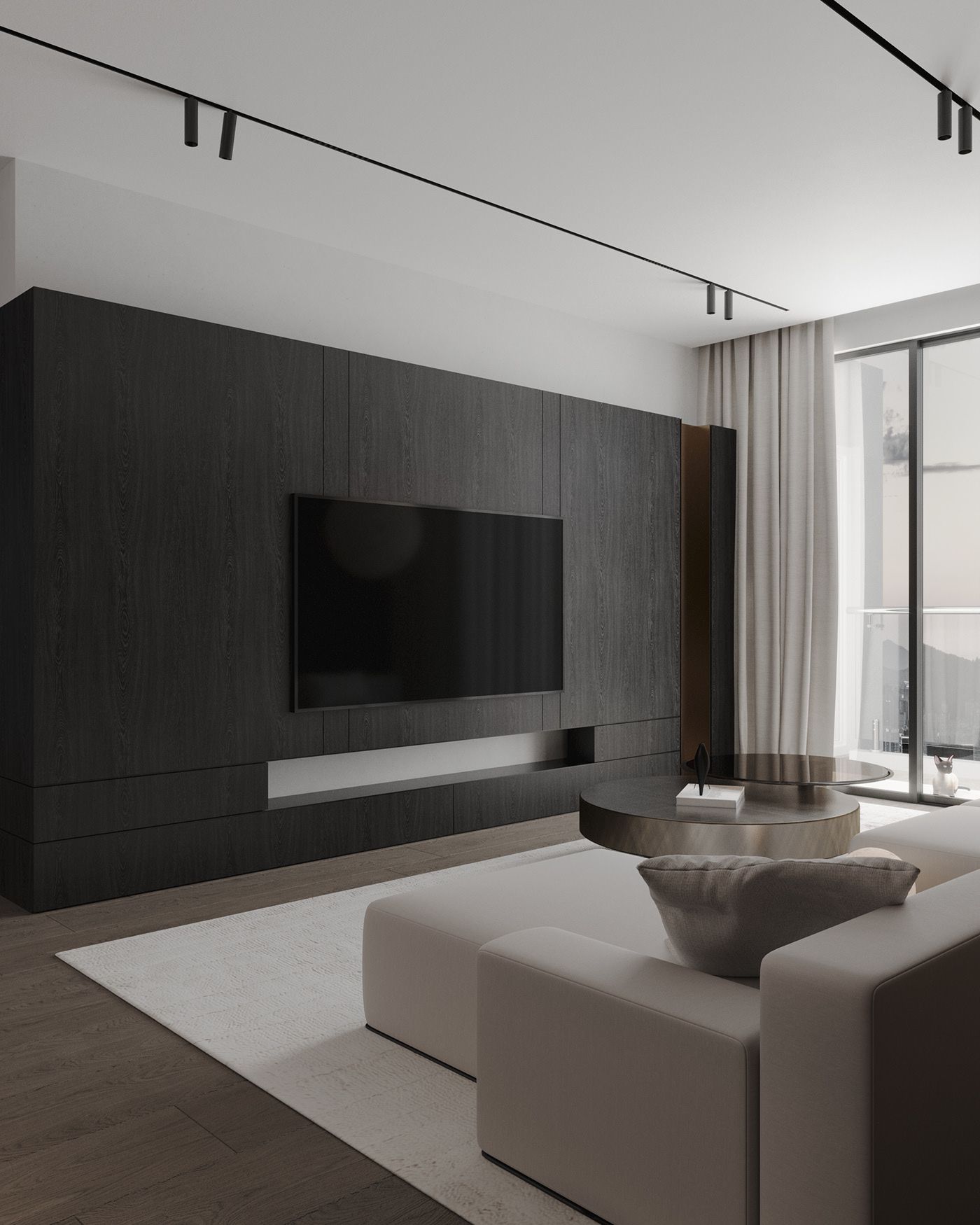 Living room with dark TV wall and beige sofa, apartment in Skopje