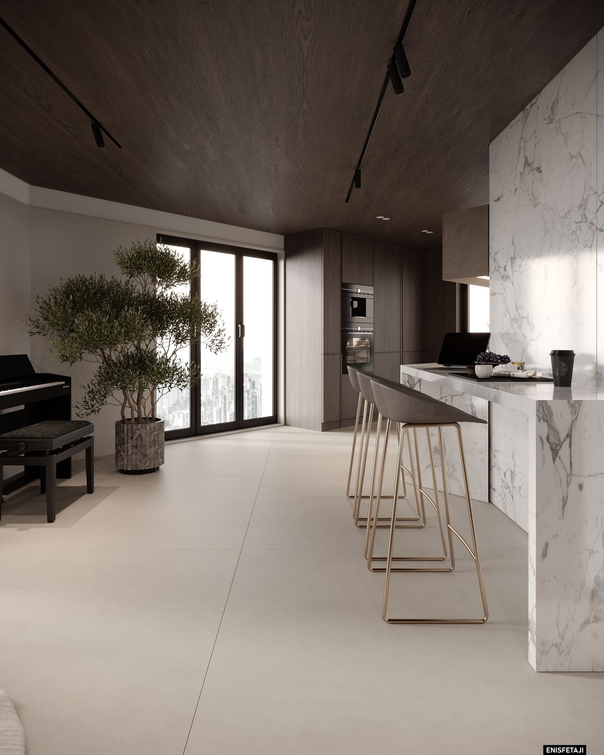 Kitchen with white marble island and gold bar stools, house in Aadorf, Switzerland
