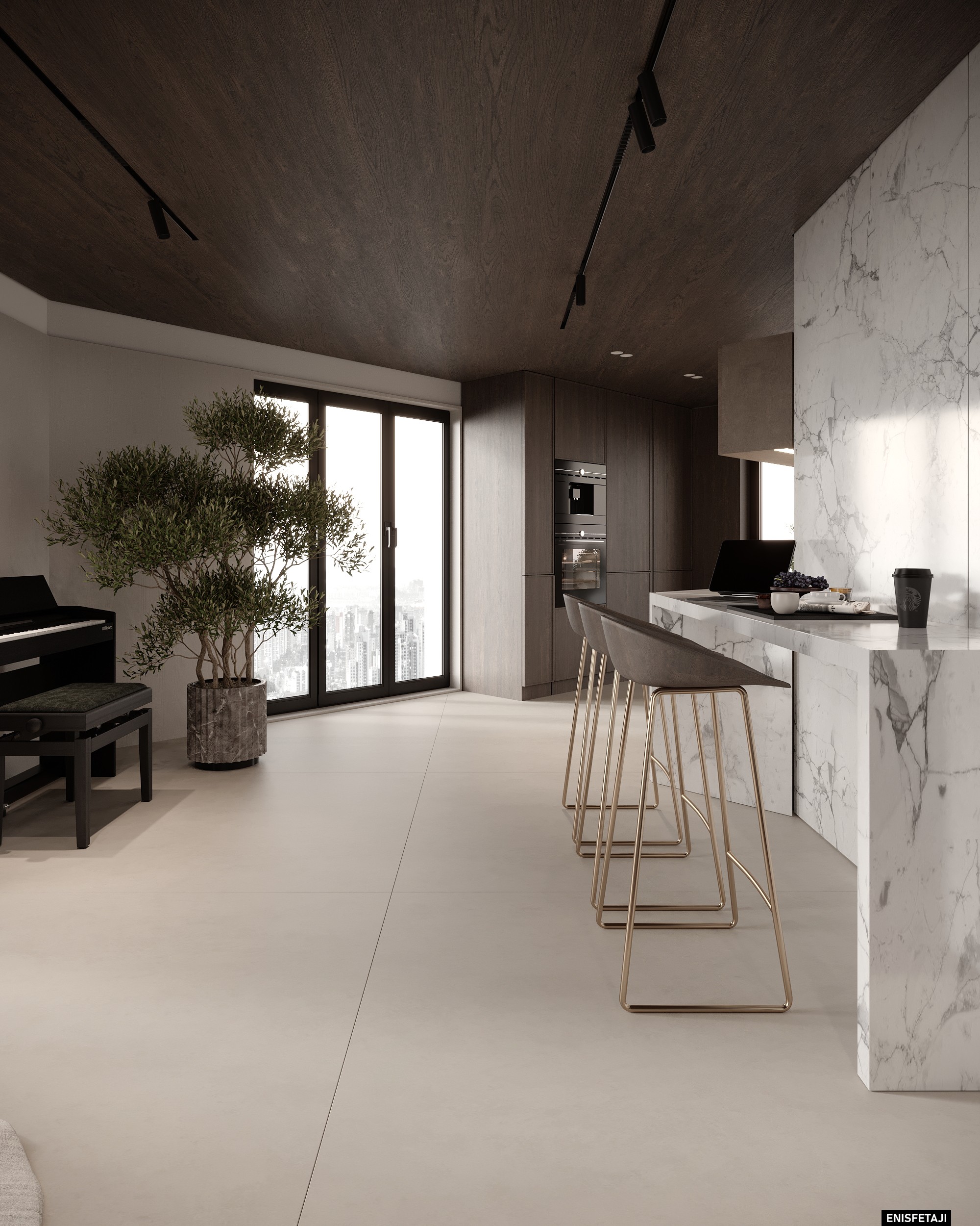 Kitchen with white marble island and gold bar stools, house in Aadorf, Switzerland