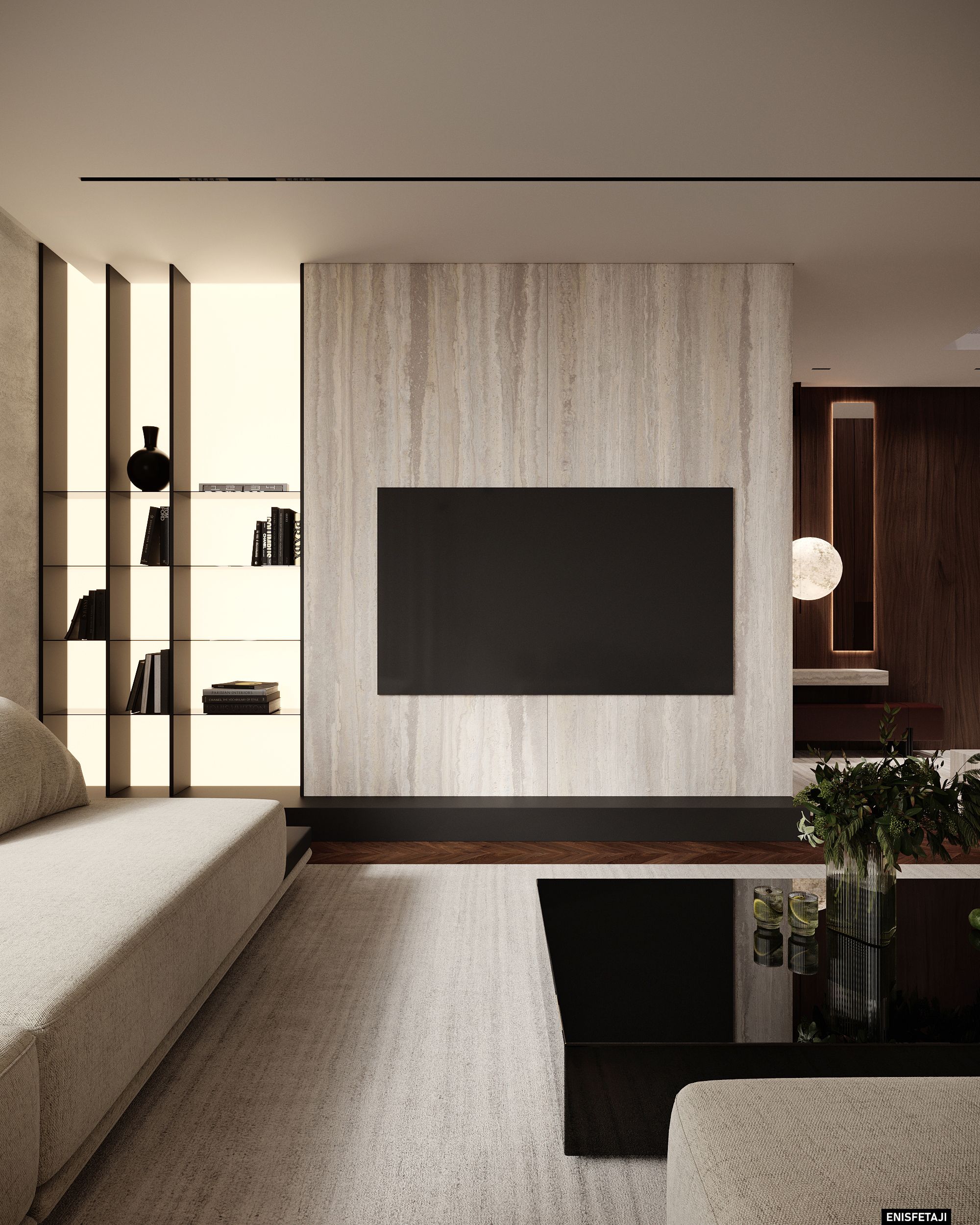Travertine TV wall with shelves and long sofa, Shega20 house in Tetovo