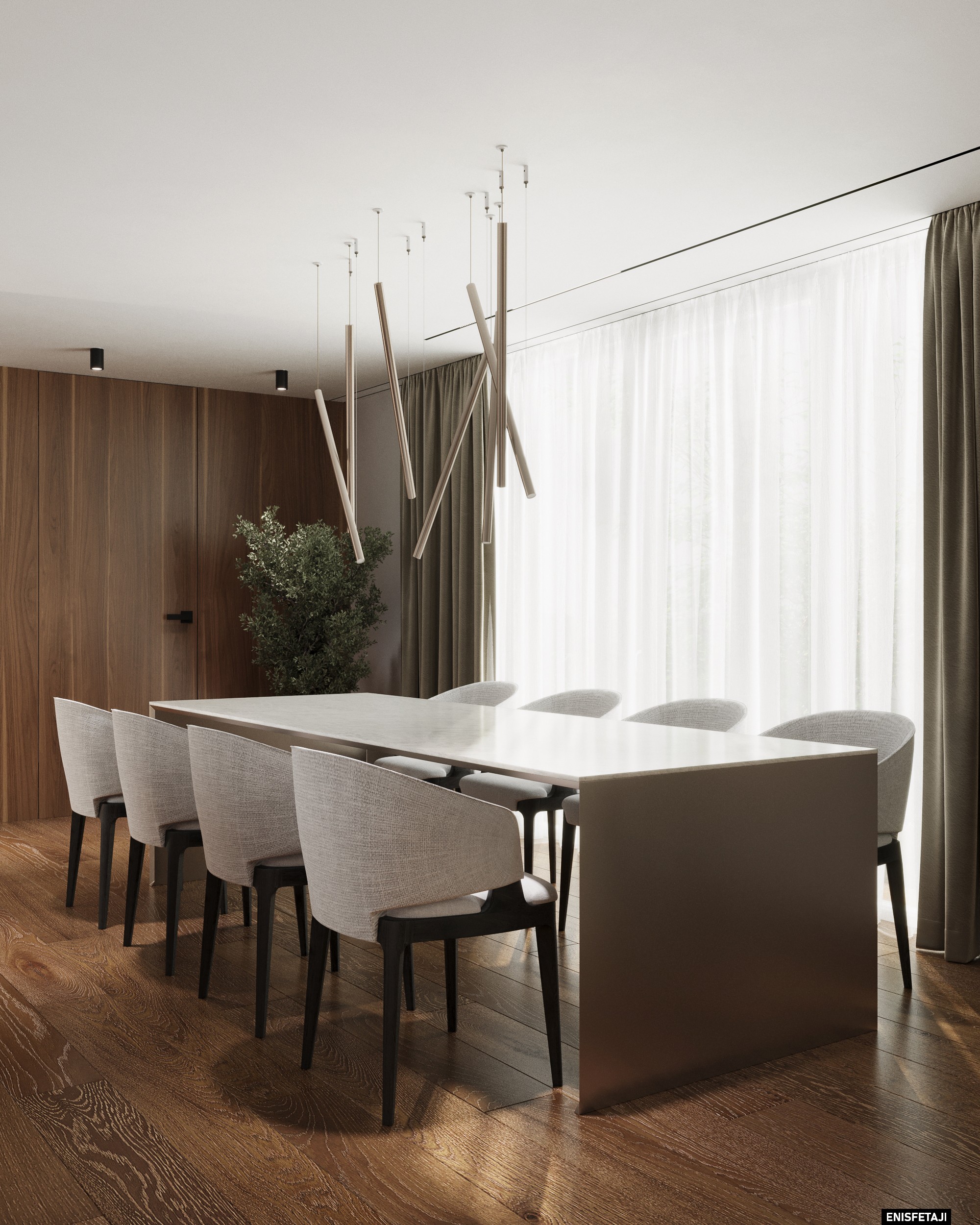 Dining room with wood wall and long white table, residence in Goldach, Switzerland