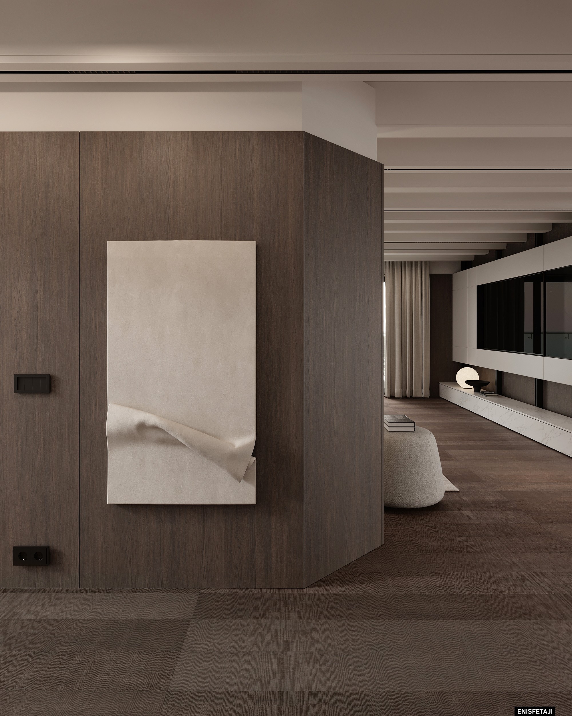 Wood-clad wall with textured artwork, house in Aadorf, Switzerland