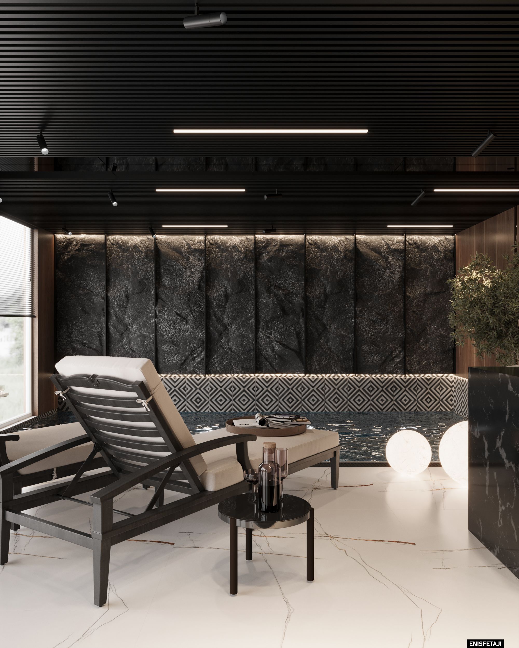 Spa lounger beside an indoor pool with dark stone wall, residence in Goldach, Switzerland