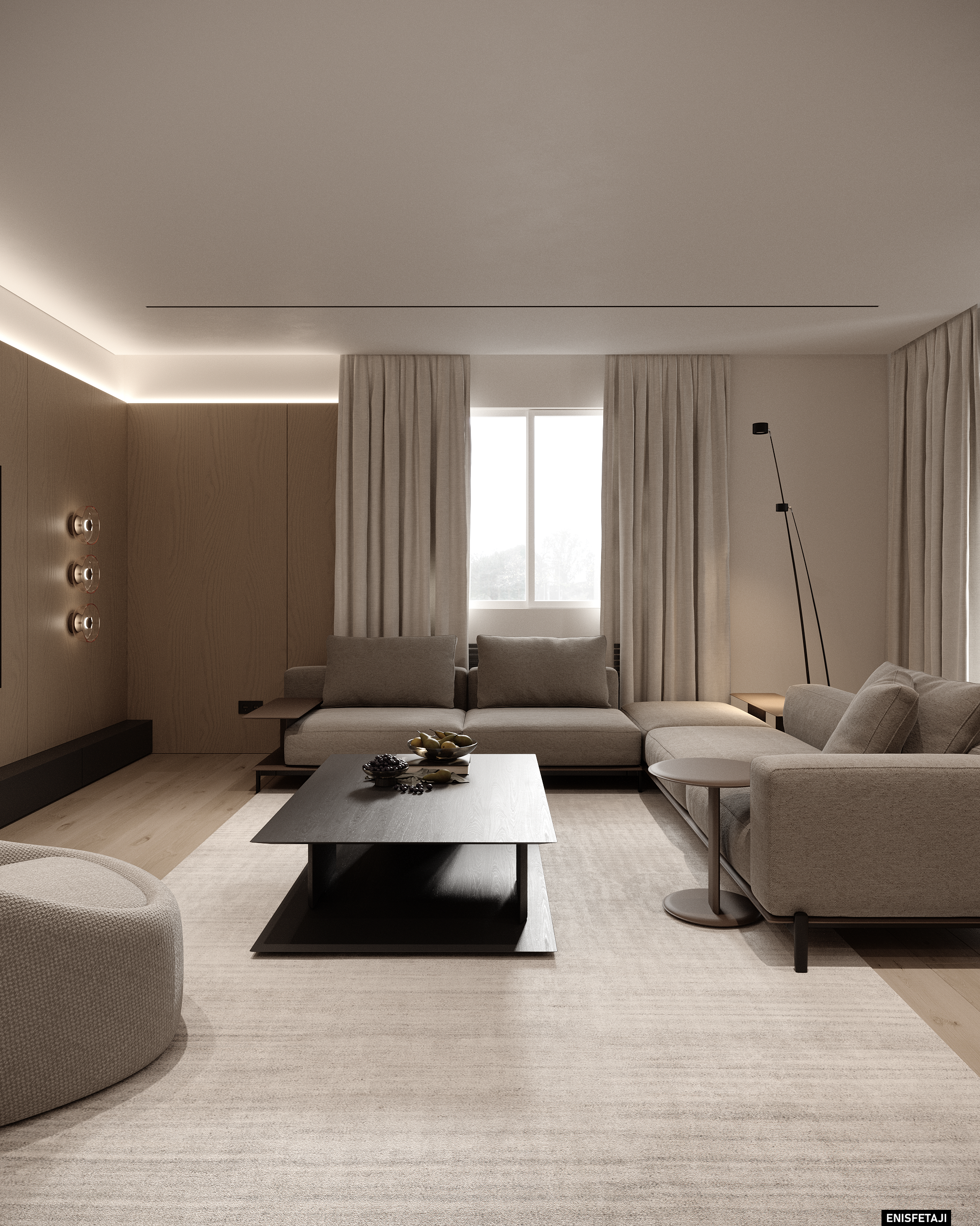 Living room with beige sofas, wall lights and black coffee table, apartment GV75 in Gostivar