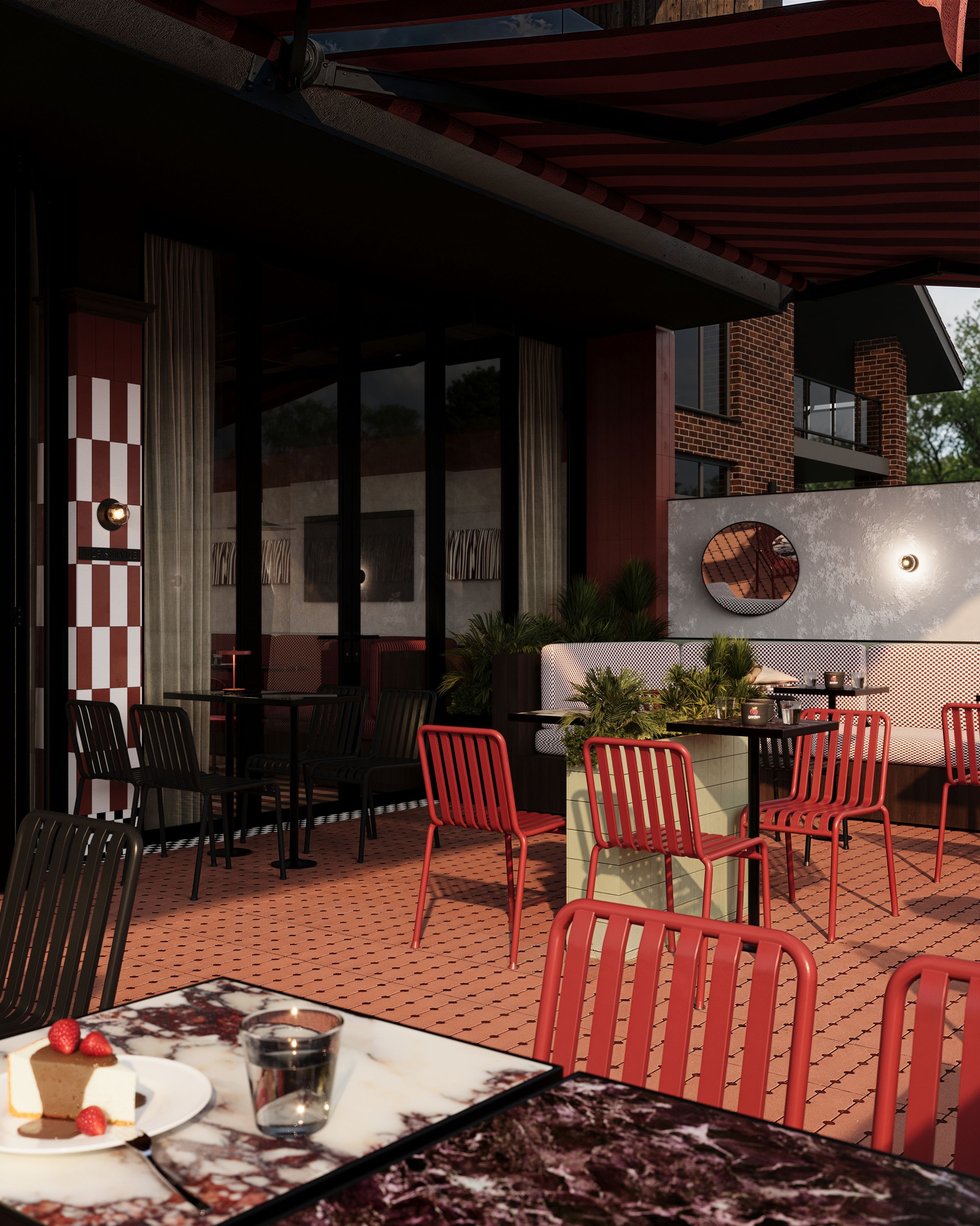 Terrace table with dessert and red chairs, Garden Sweetshop in Gostivar