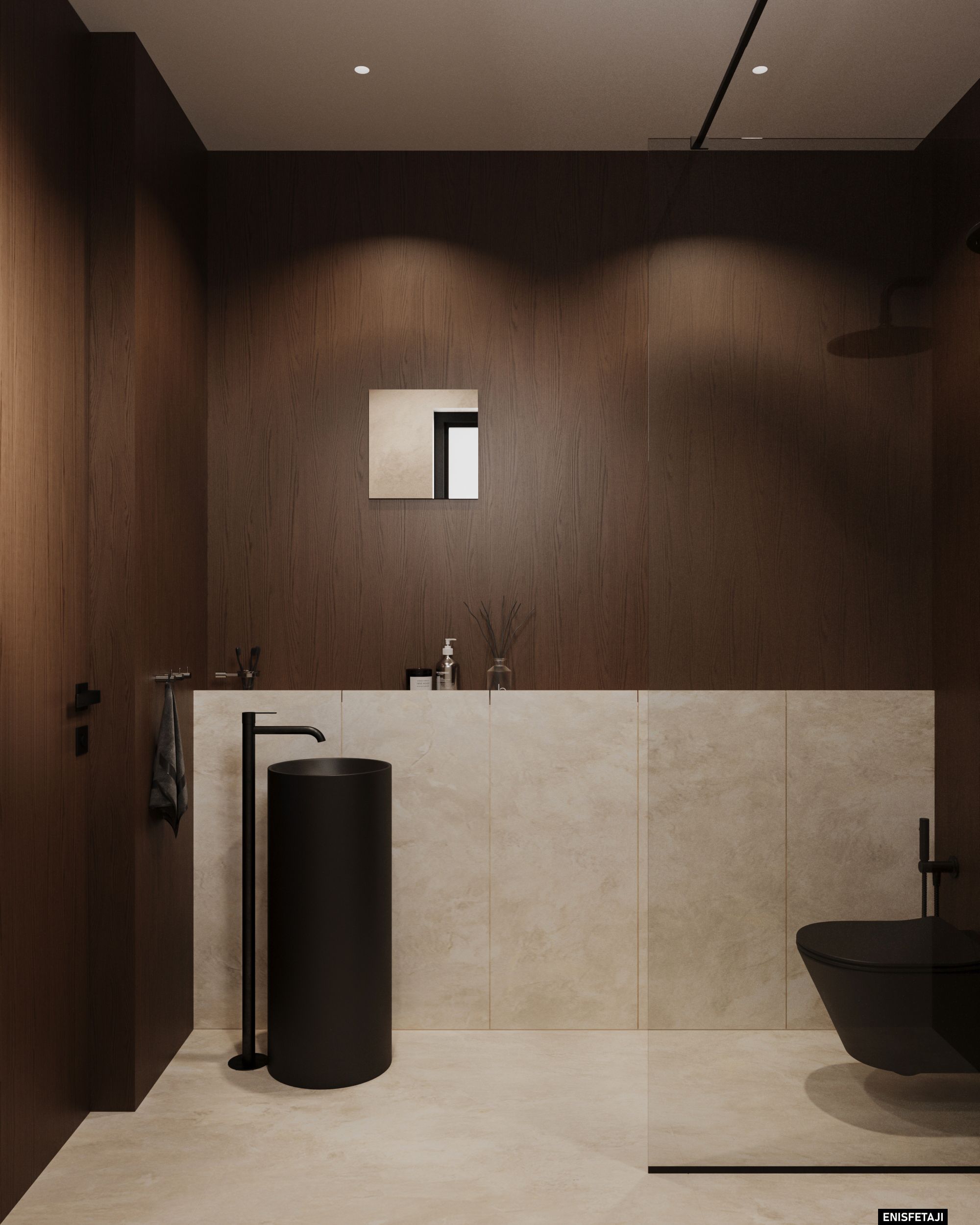 Bathroom with black pedestal basin and wood walls, Shega19 house in Tetovo