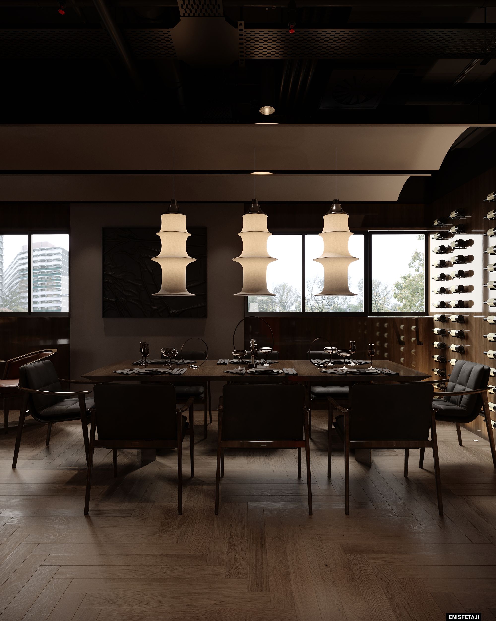 Long dining table under white paper lanterns, restaurant in Zurich