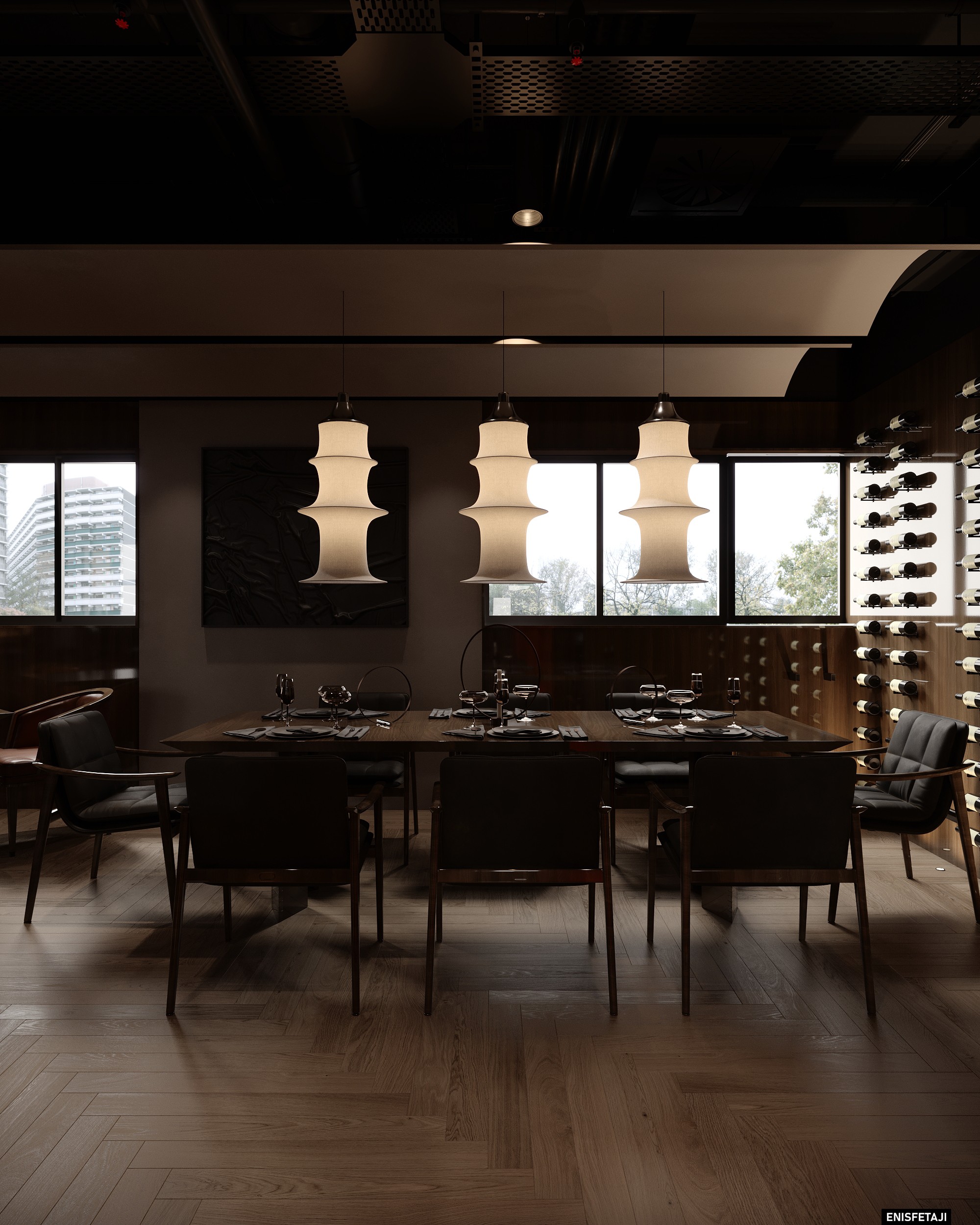 Long dining table under white paper lanterns, restaurant in Zurich