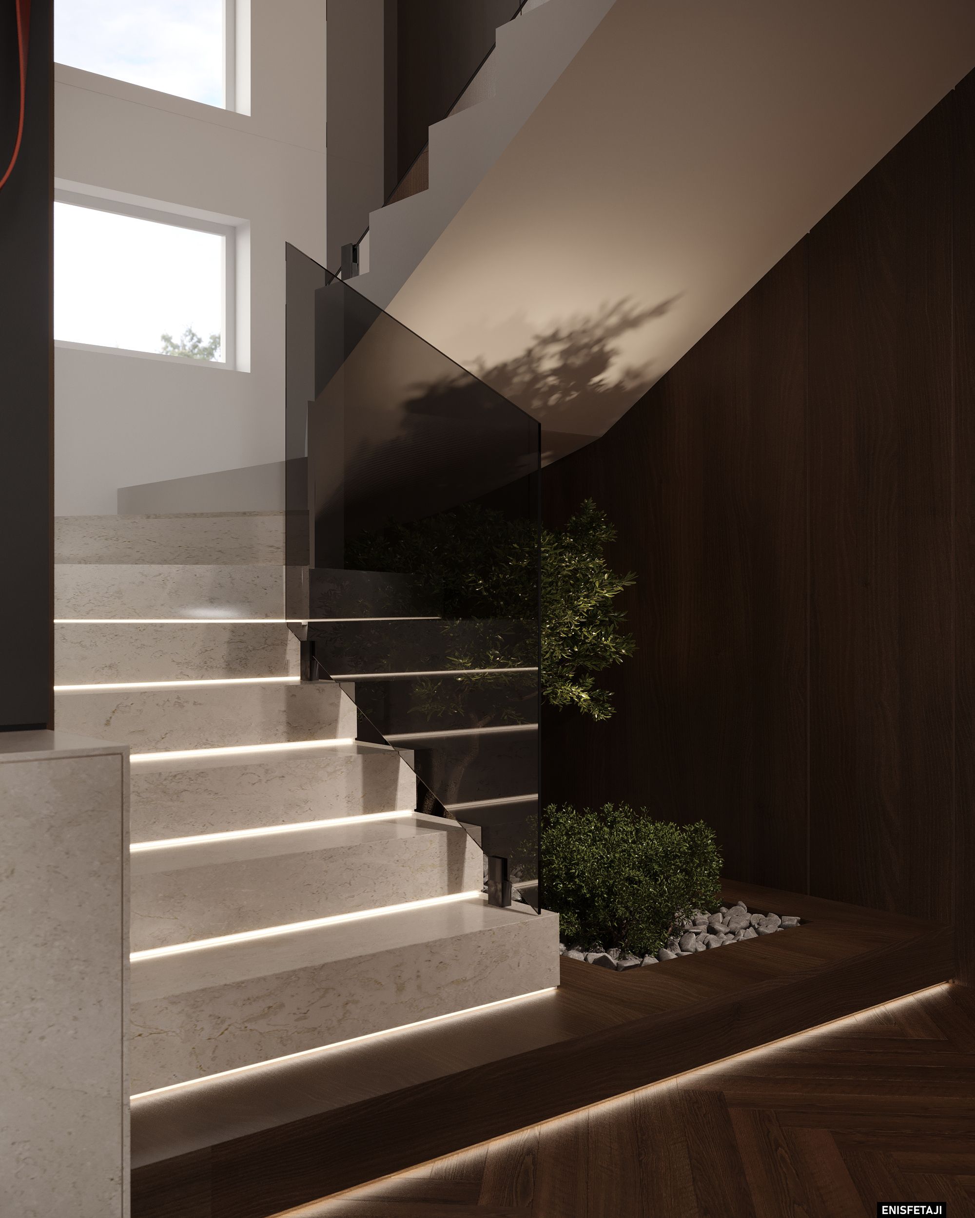 Lit stone staircase with glass railing and plants, M24 house in Gostivar