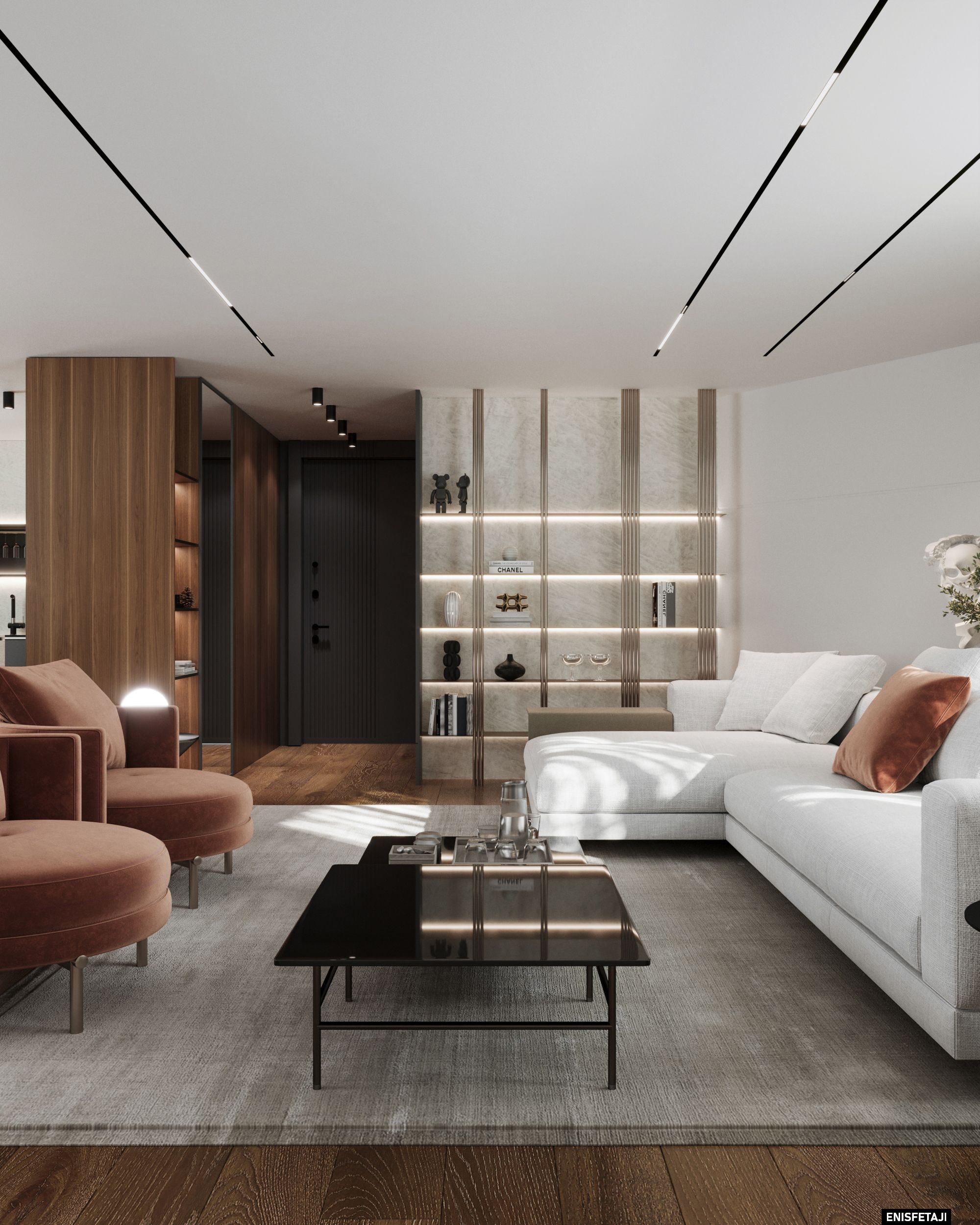 Living room with backlit shelves and rust velvet armchairs, residence in Goldach, Switzerland