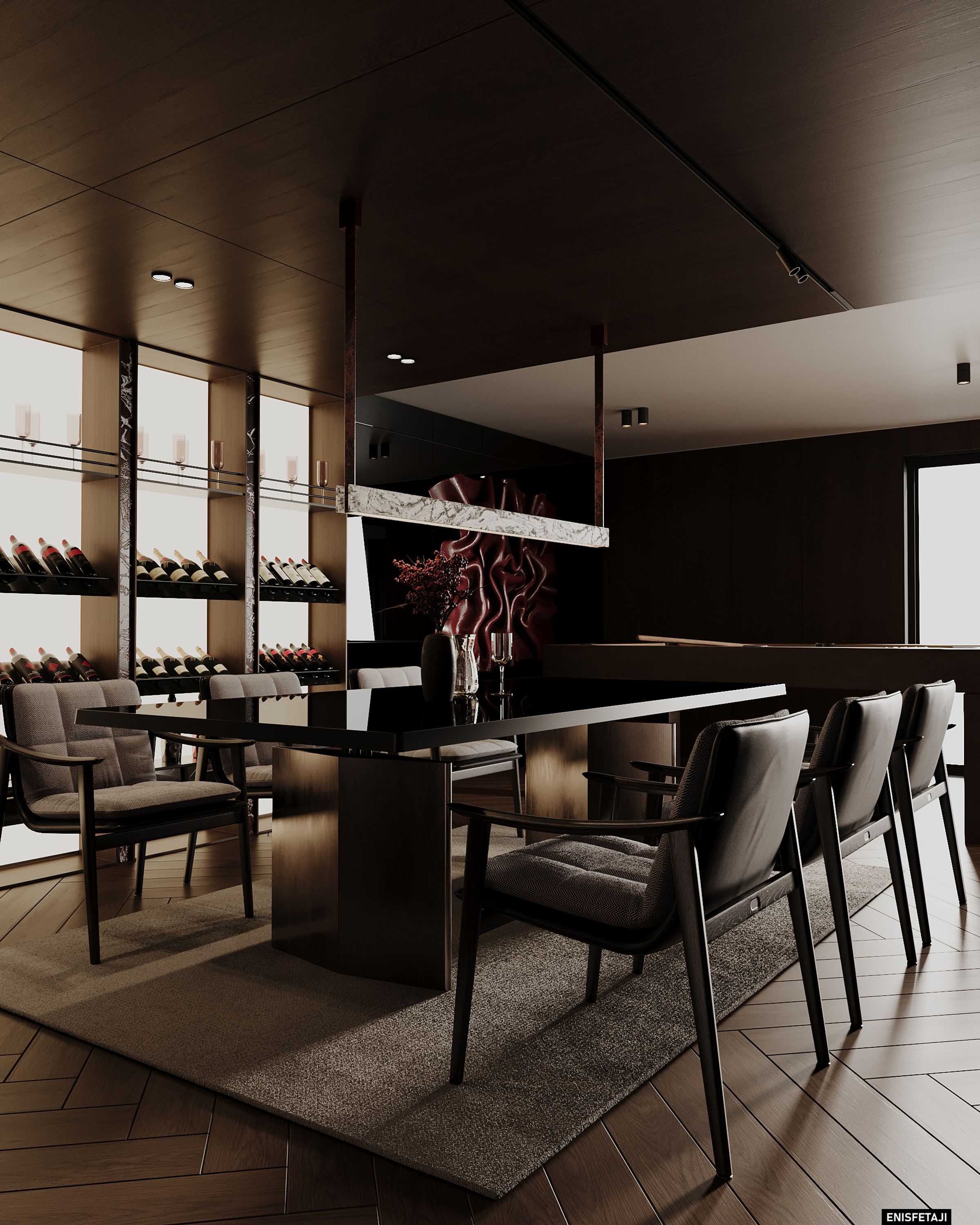 Dining table with dark leather chairs under a marble pendant, residence in Prilep