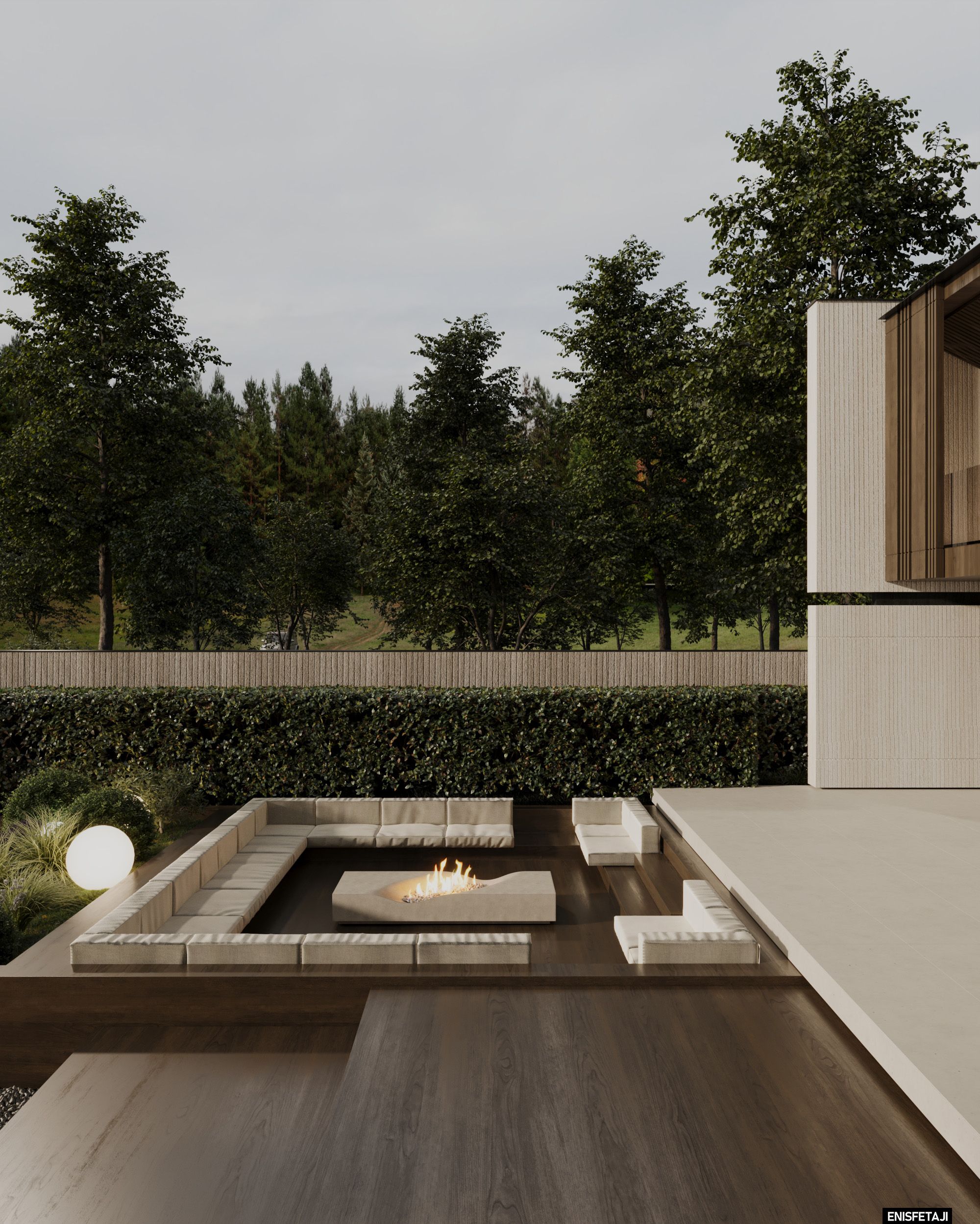 Garden with sunken fire pit lounge, Travertine Villa in Gostivar