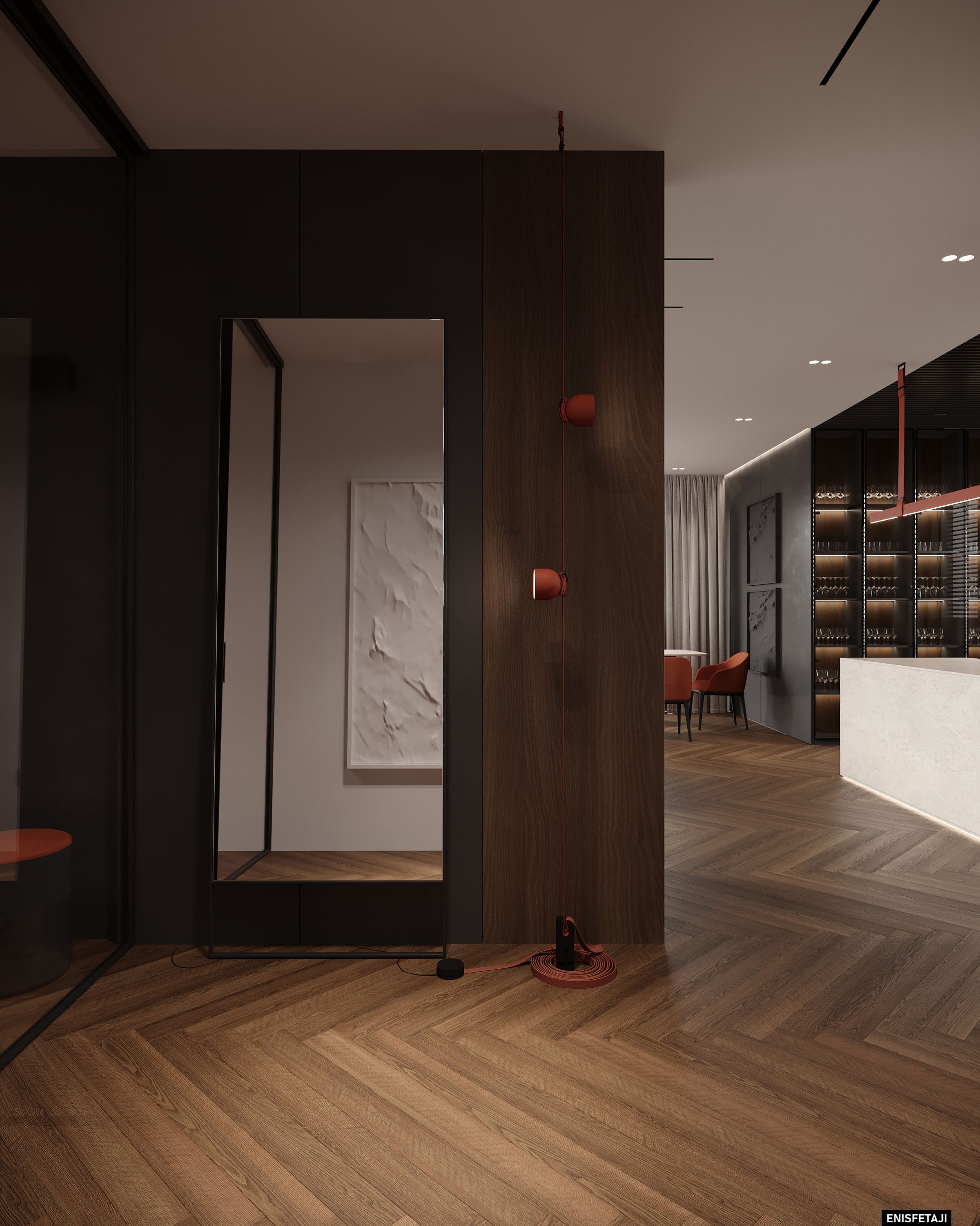 Entrance with mirror and red wall lamp, M24 house in Gostivar