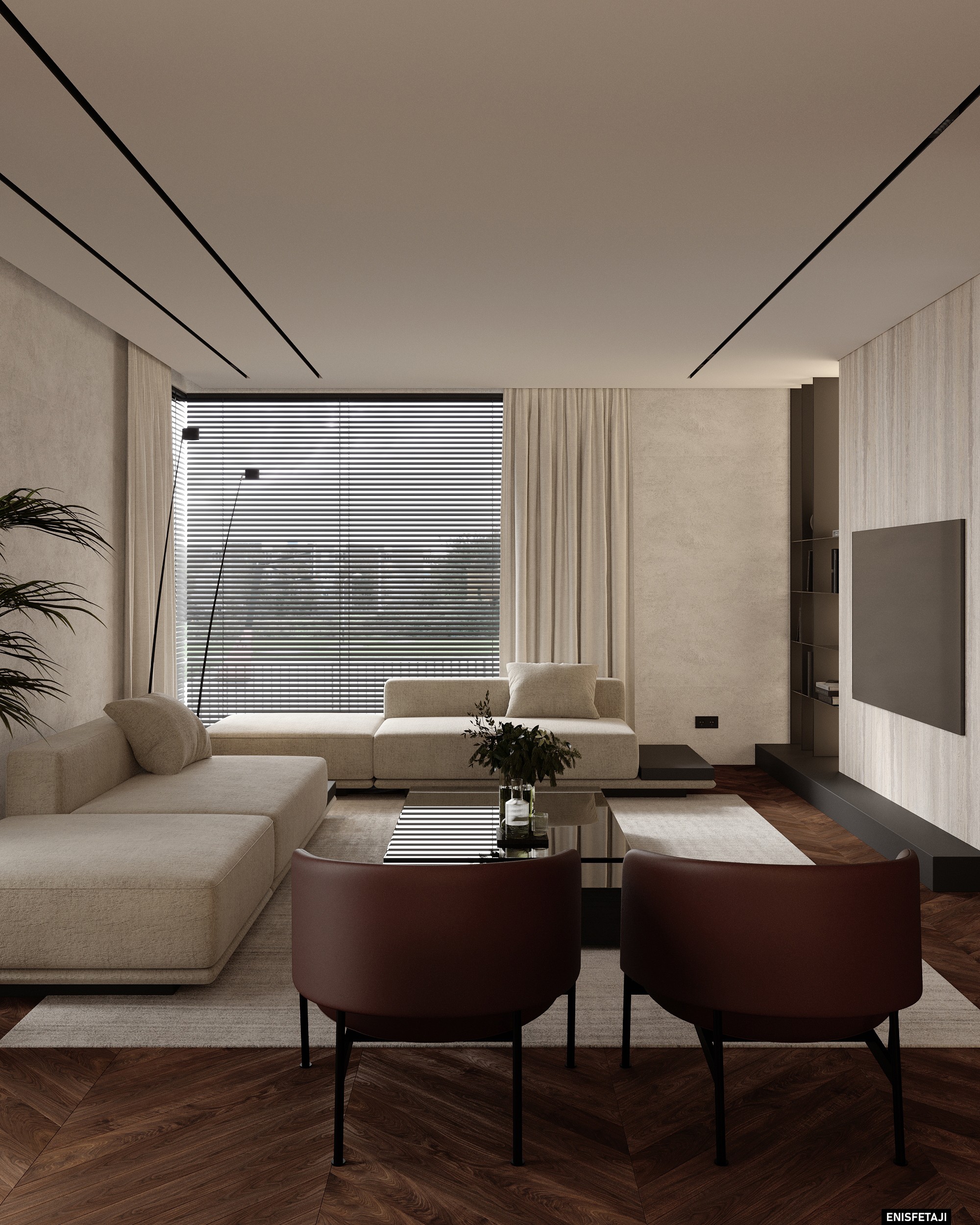 Living room with red leather armchairs and beige sofa, Shega20 house in Tetovo