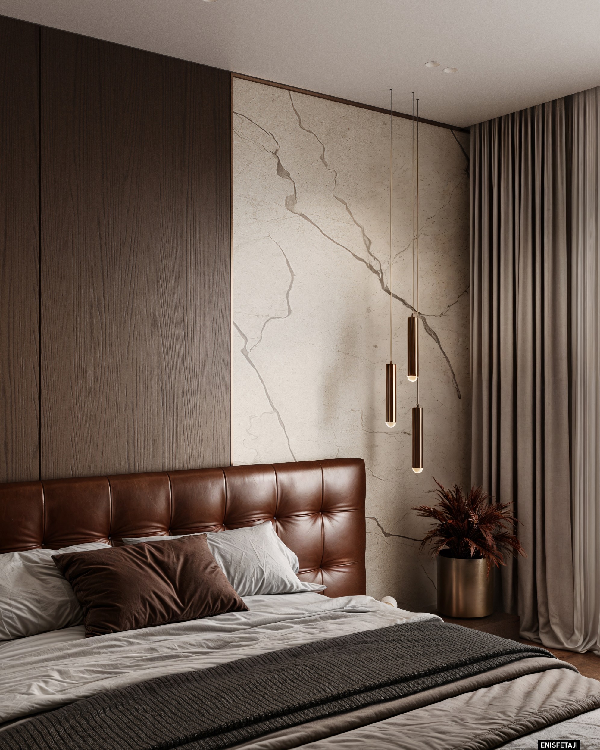 Leather headboard and marble wall with pendant lights, Shega19 house in Tetovo