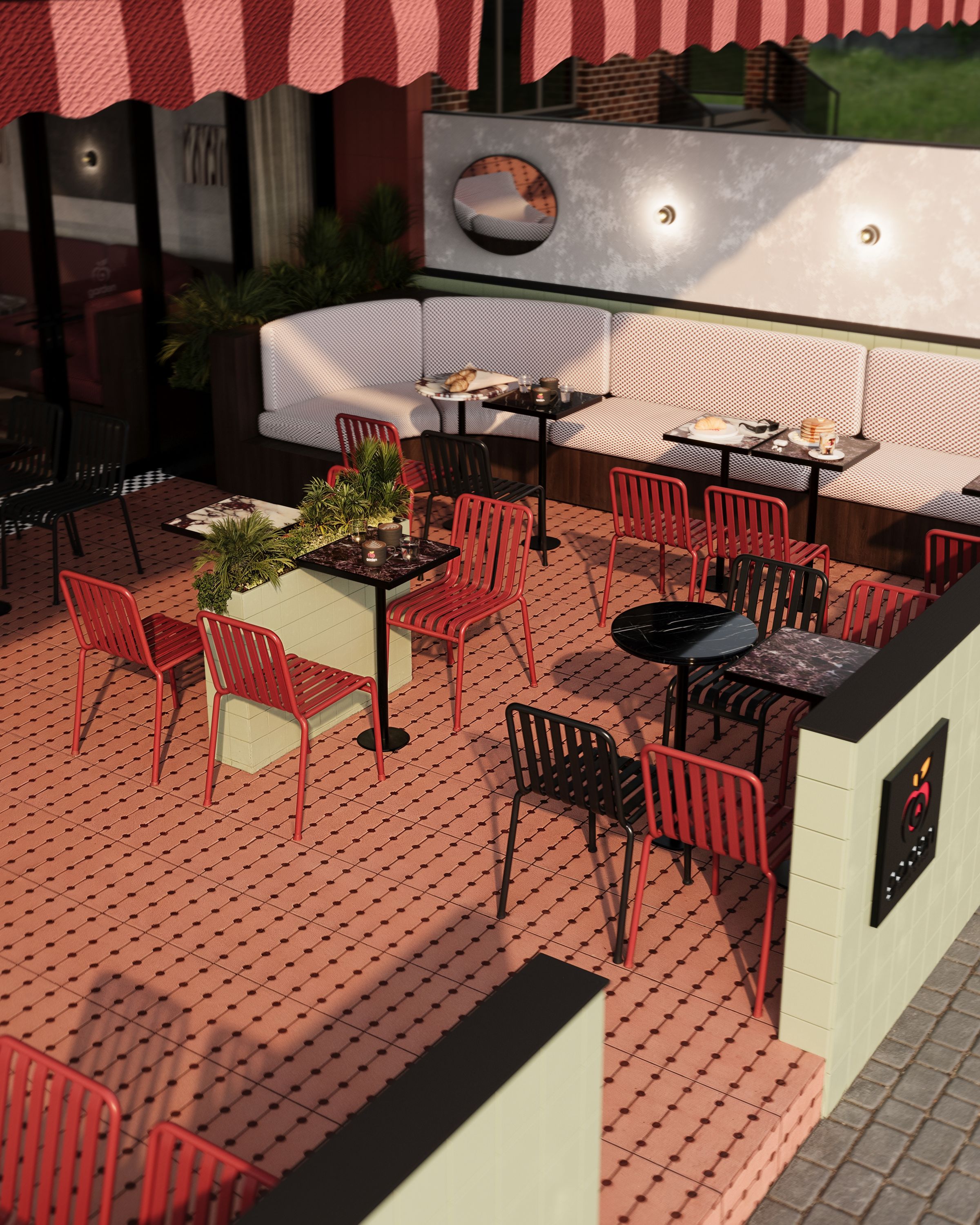 Terrace with red chairs, patterned tiles and white bench seating, Garden Sweetshop in Gostivar