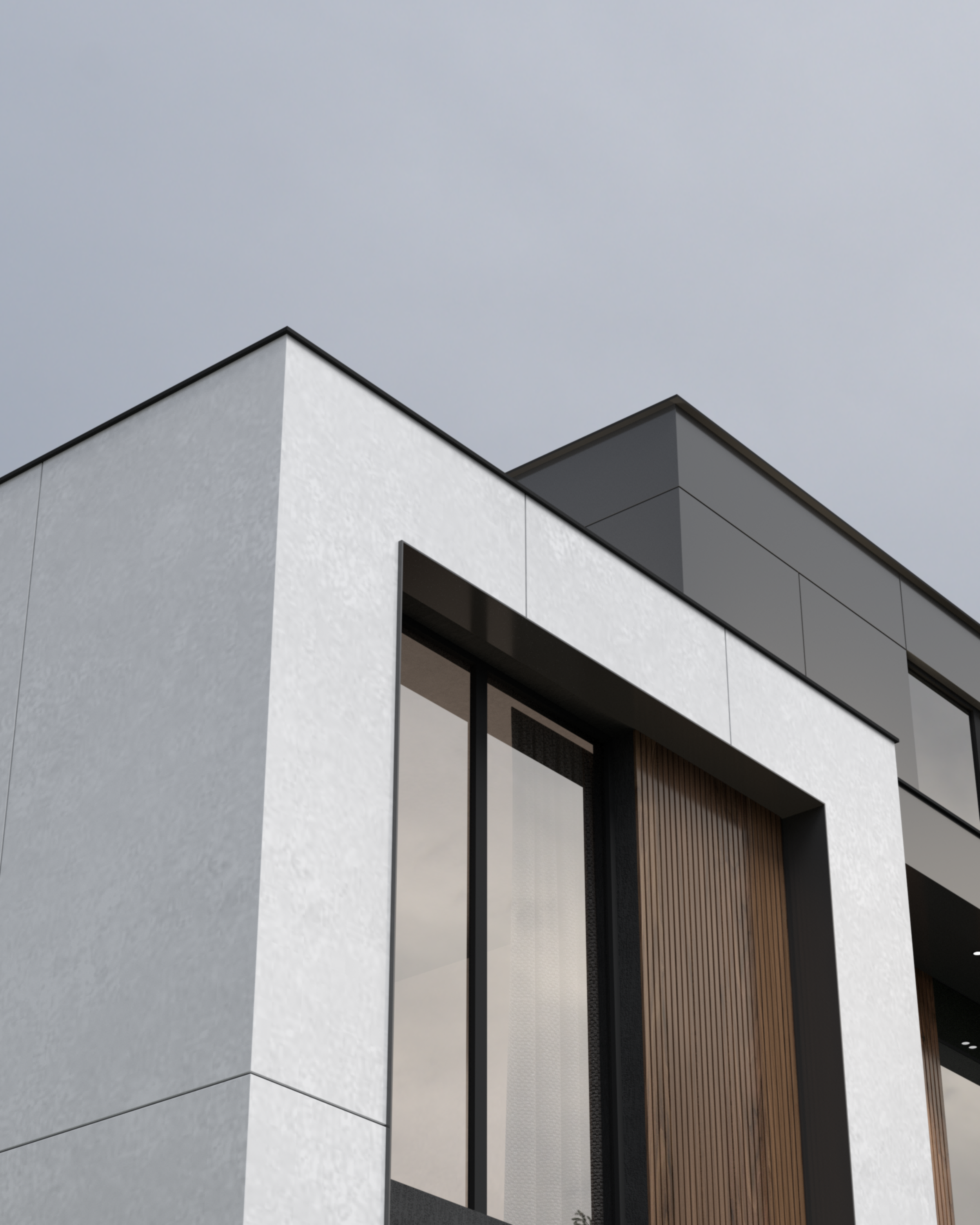 Detail of the white facade frame and wood panels, three-story house in Gostivar