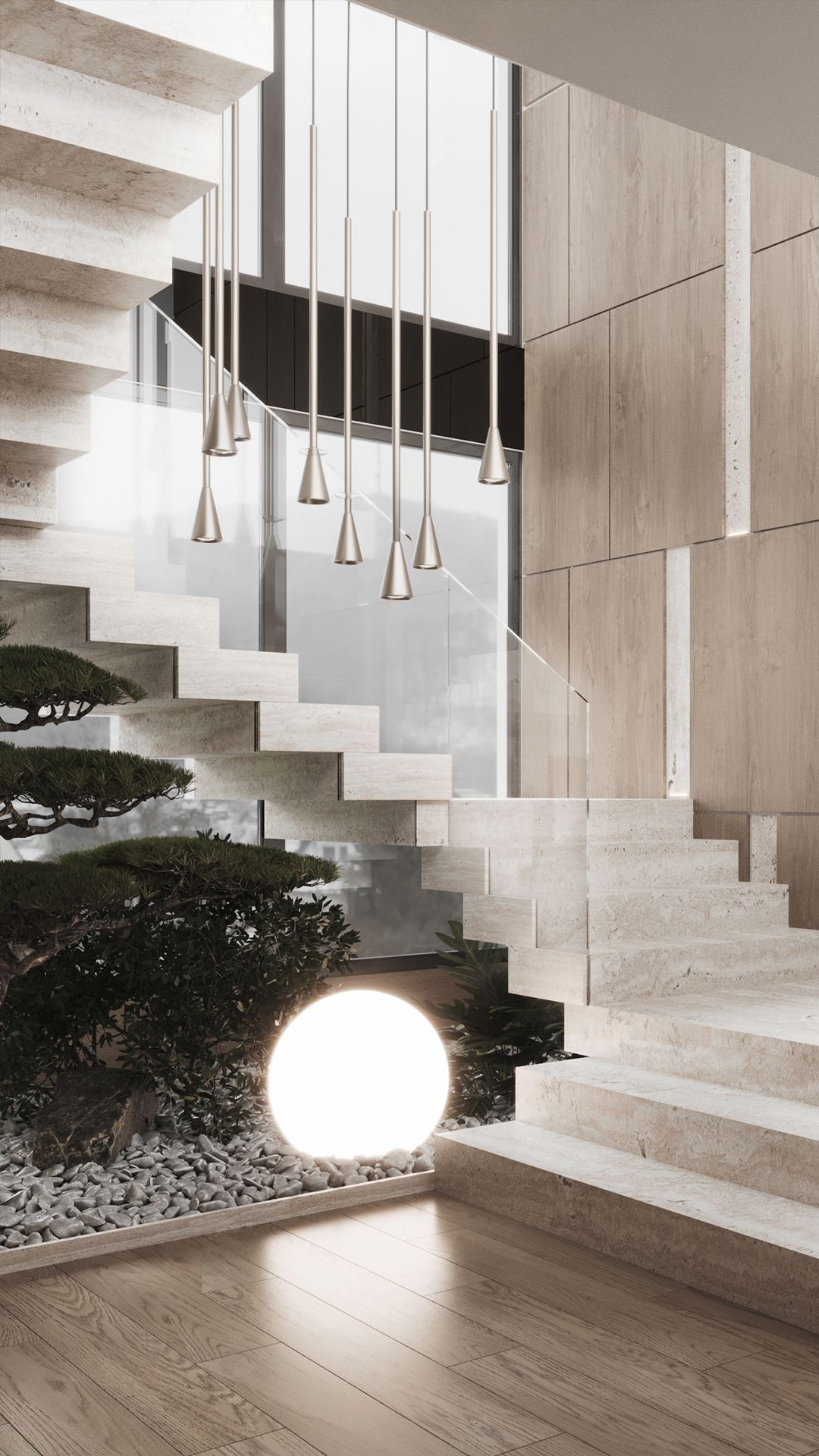 Floating travertine staircase with pendant lights and indoor plants, Travertine House in Tetovo